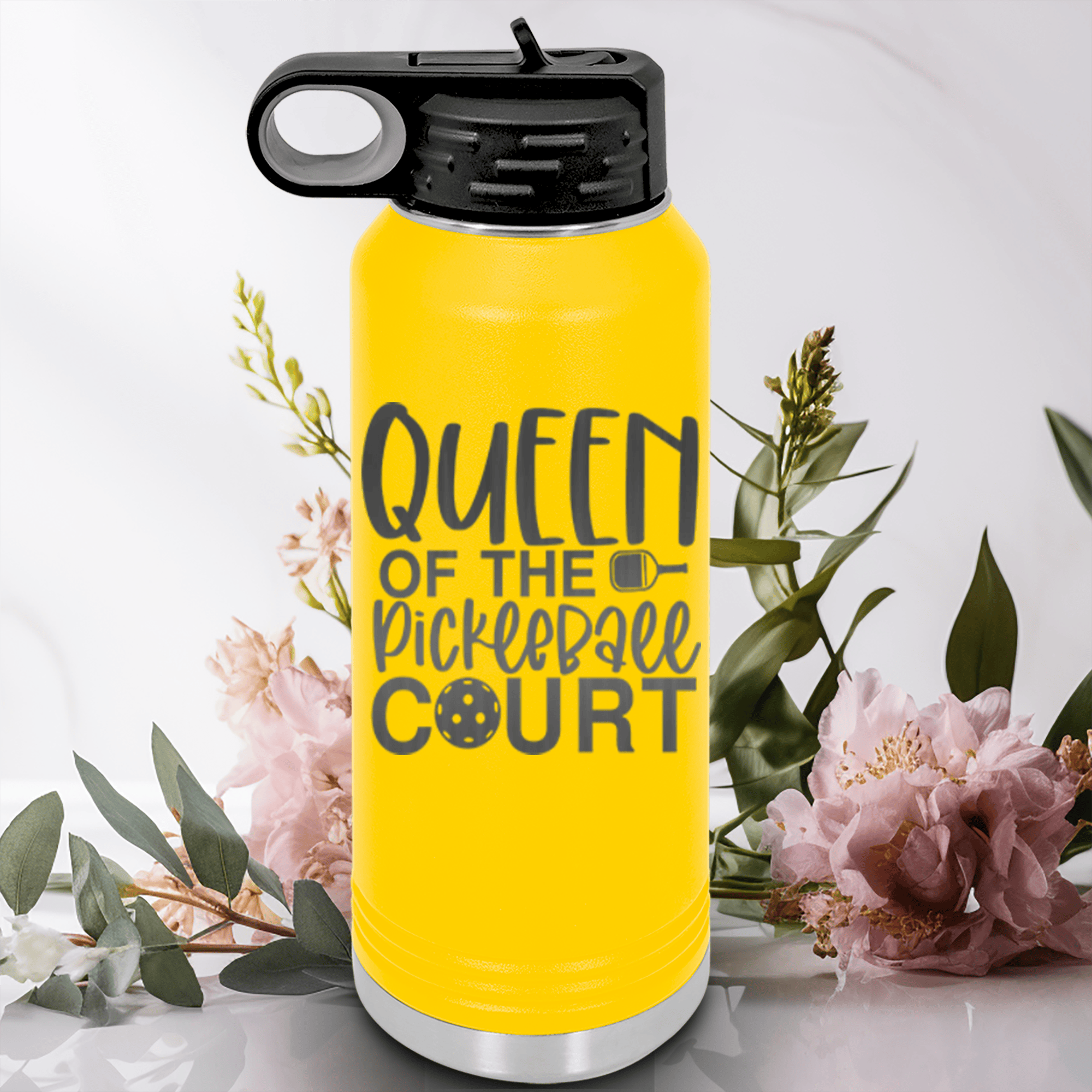 Yellow Pickleball Water Bottle With Queen Of The Pickleball Court Design