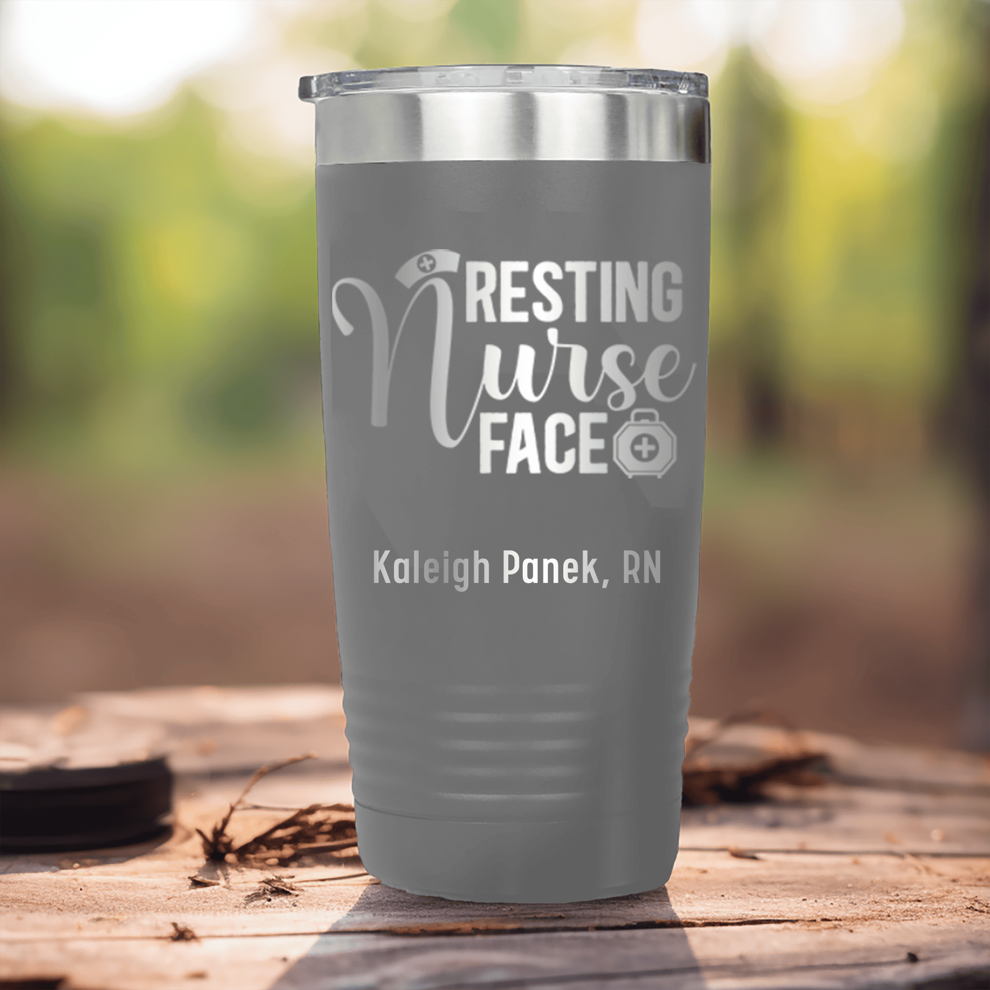 Grey Nurse Tumbler With Resting Nurses Face Design