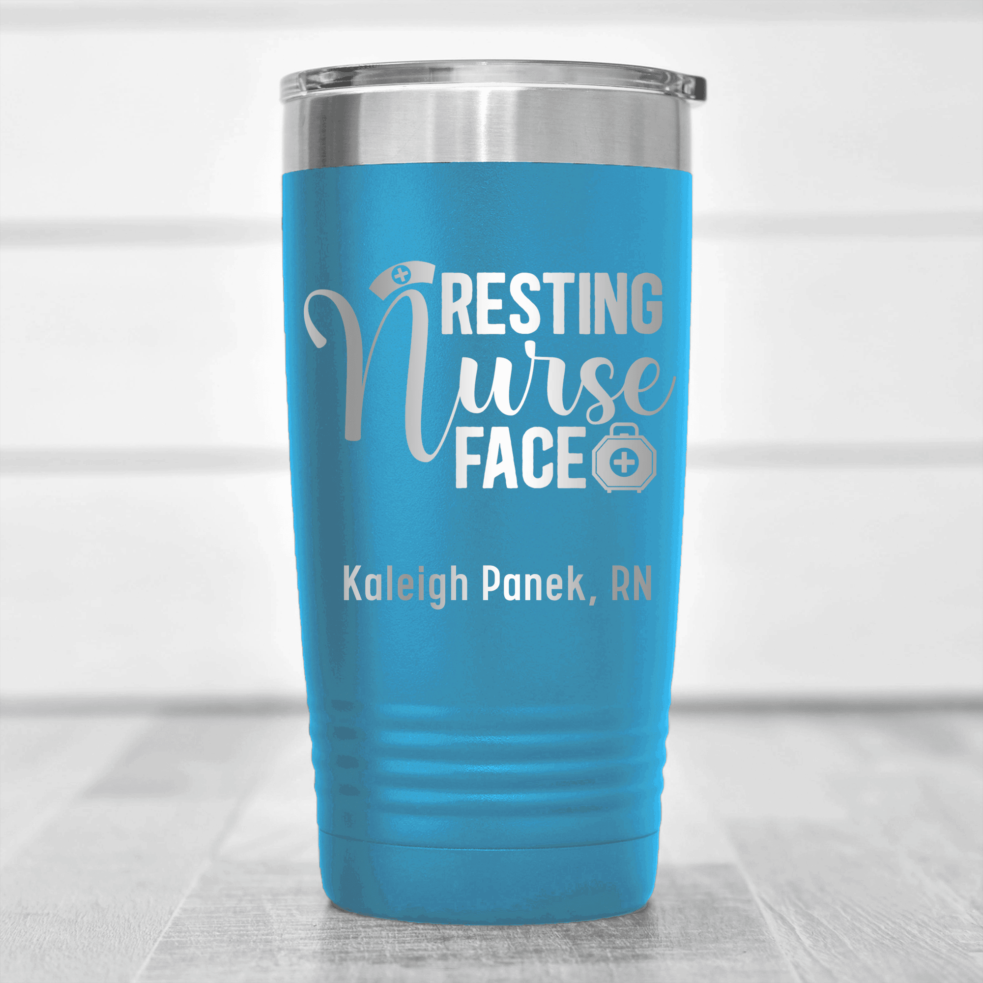 Light Blue Nurse Tumbler With Resting Nurses Face Design