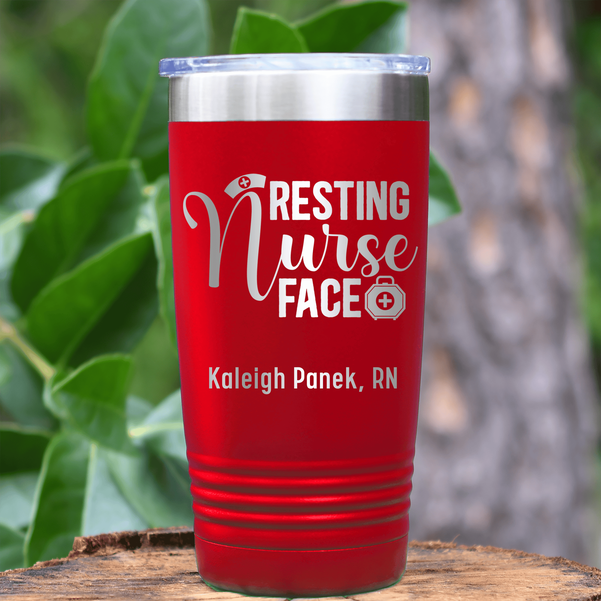 Red Nurse Tumbler With Resting Nurses Face Design