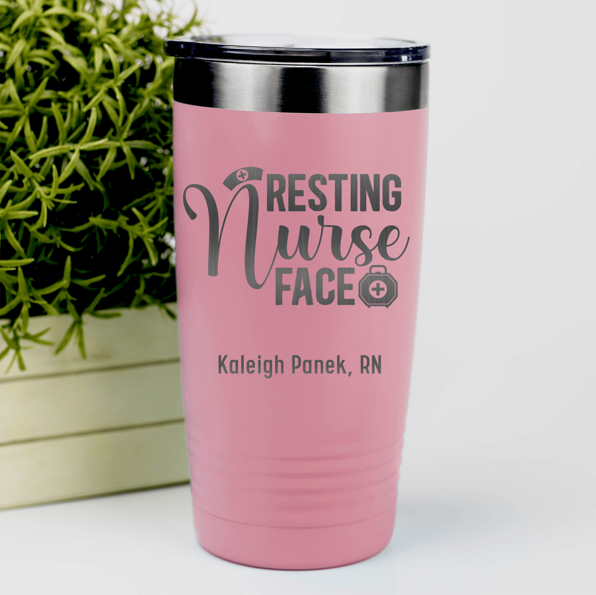 Salmon Nurse Tumbler With Resting Nurses Face Design