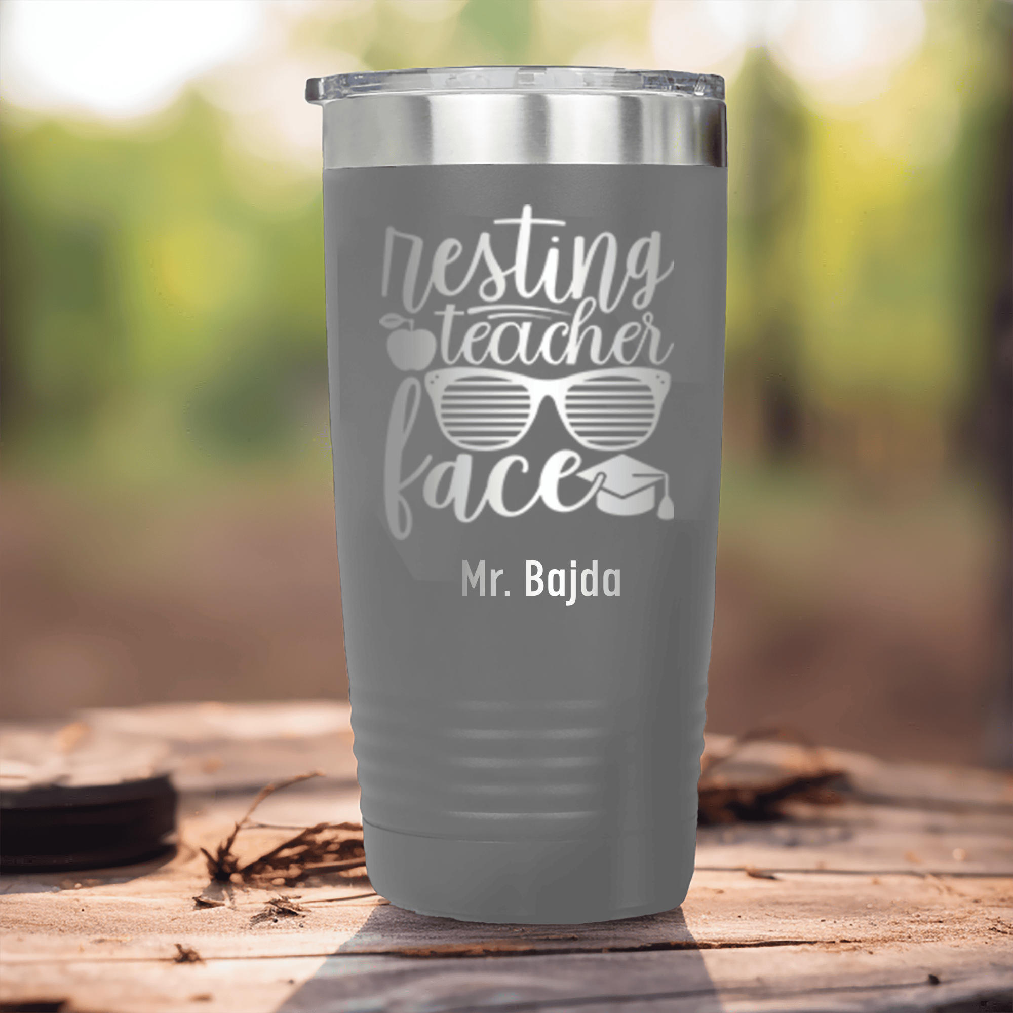 Grey Teacher Tumbler With Resting Teacher Face Design