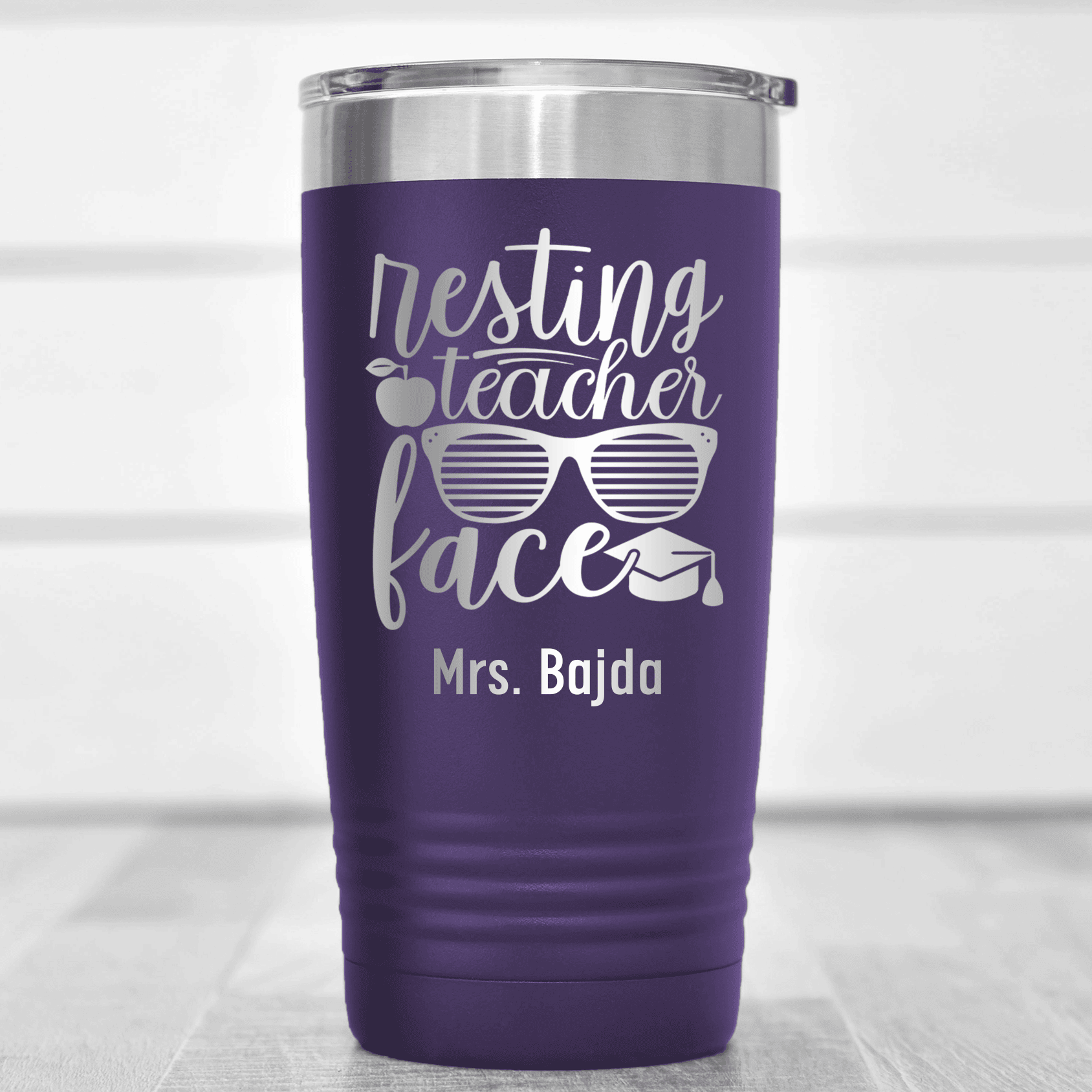 Purple Teacher Tumbler With Resting Teacher Face Design