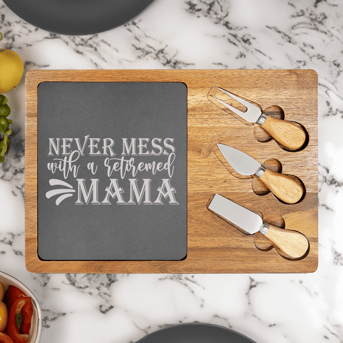 Retired Mama On Duty Wood Slate Serving Tray