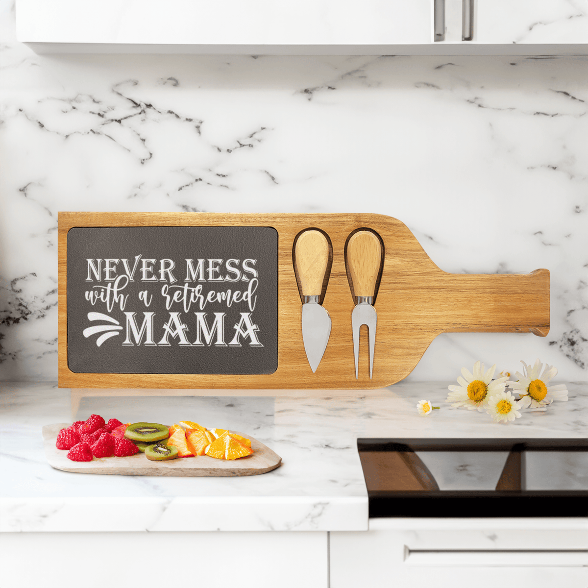 Retired Mama On Duty Wood Slate Serving Tray With Handle