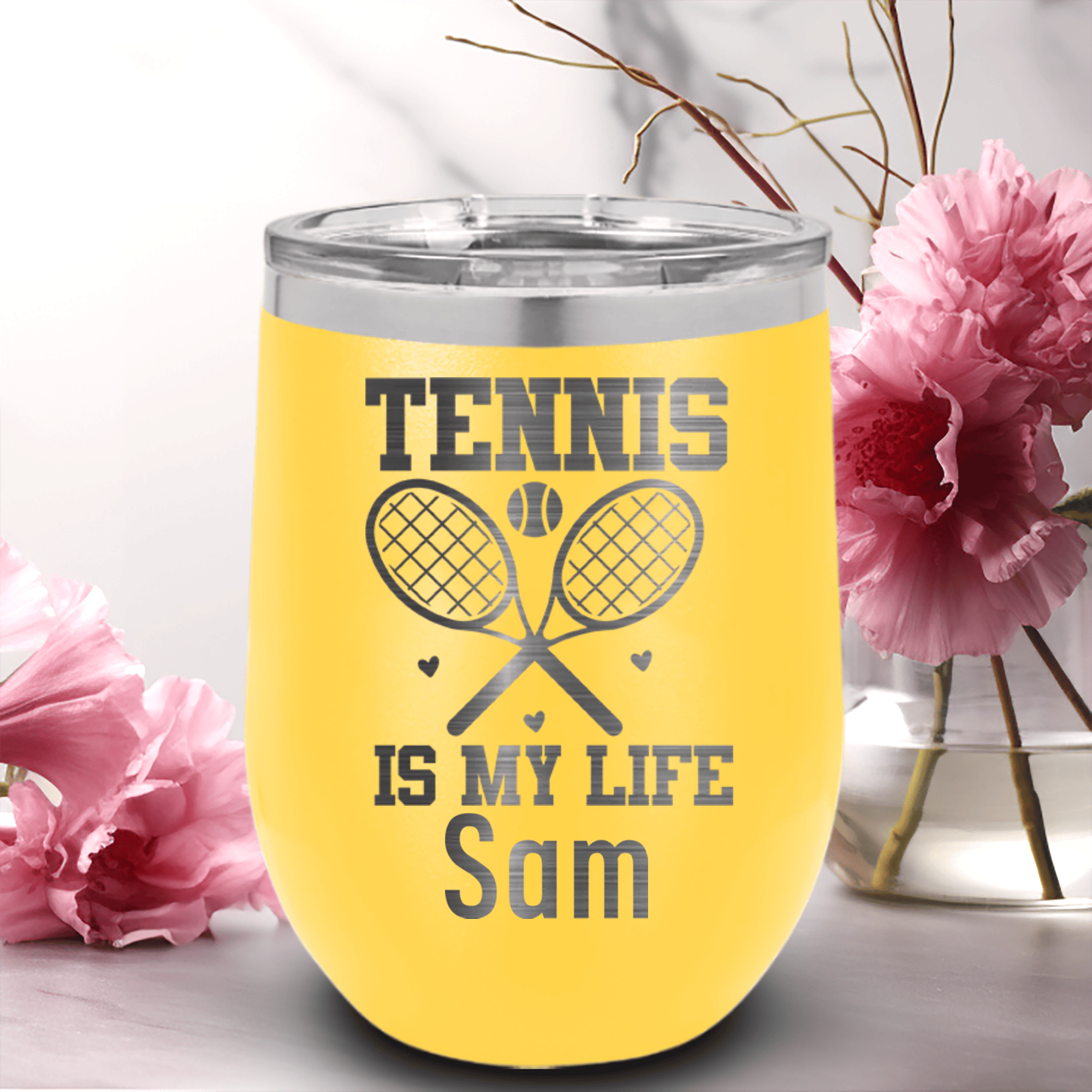 Yellow Tennis For Her Wine Tumbler With Rockin Tennis Life Design