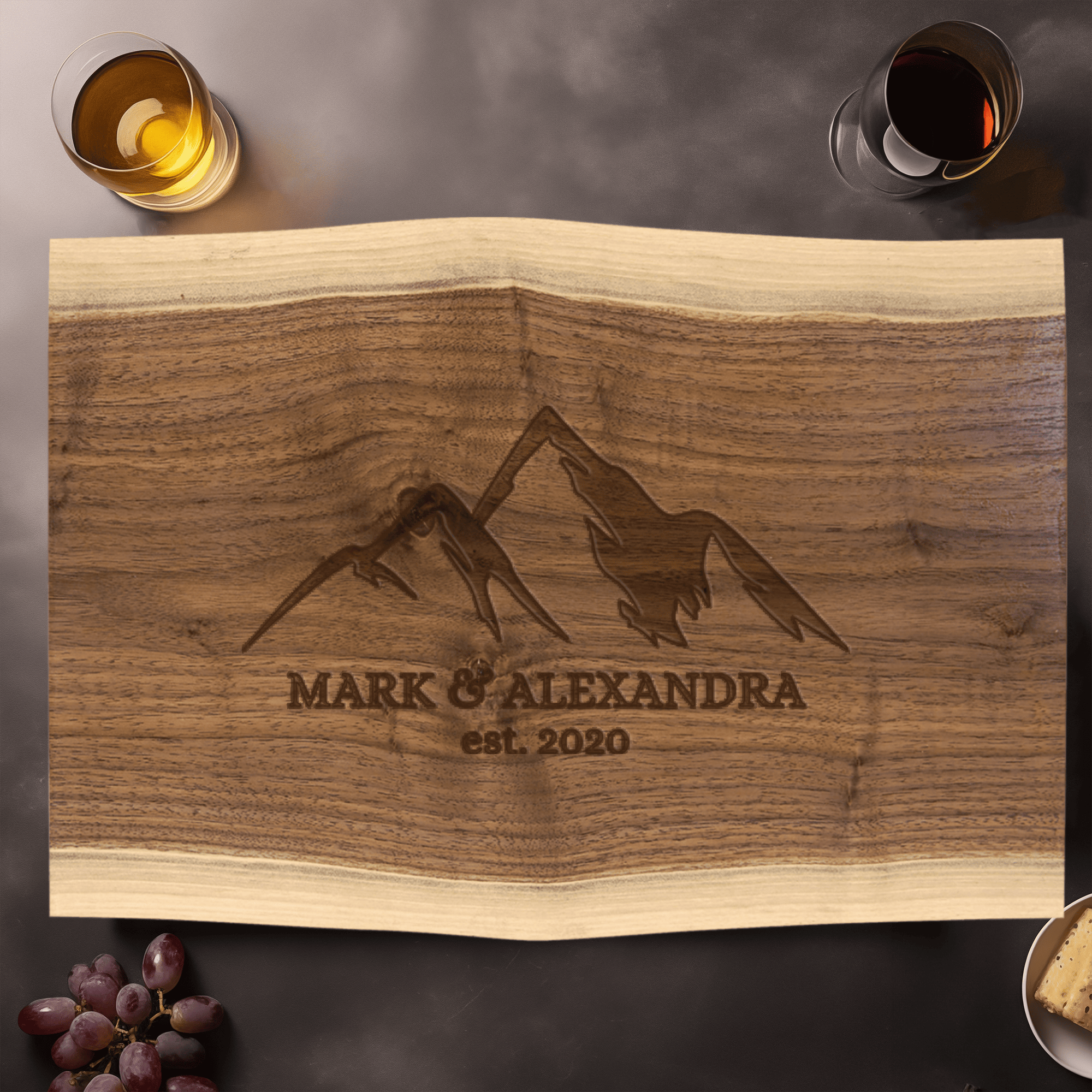 Anniversary Walnut Cutting Board With Romantic Rondezvous Design