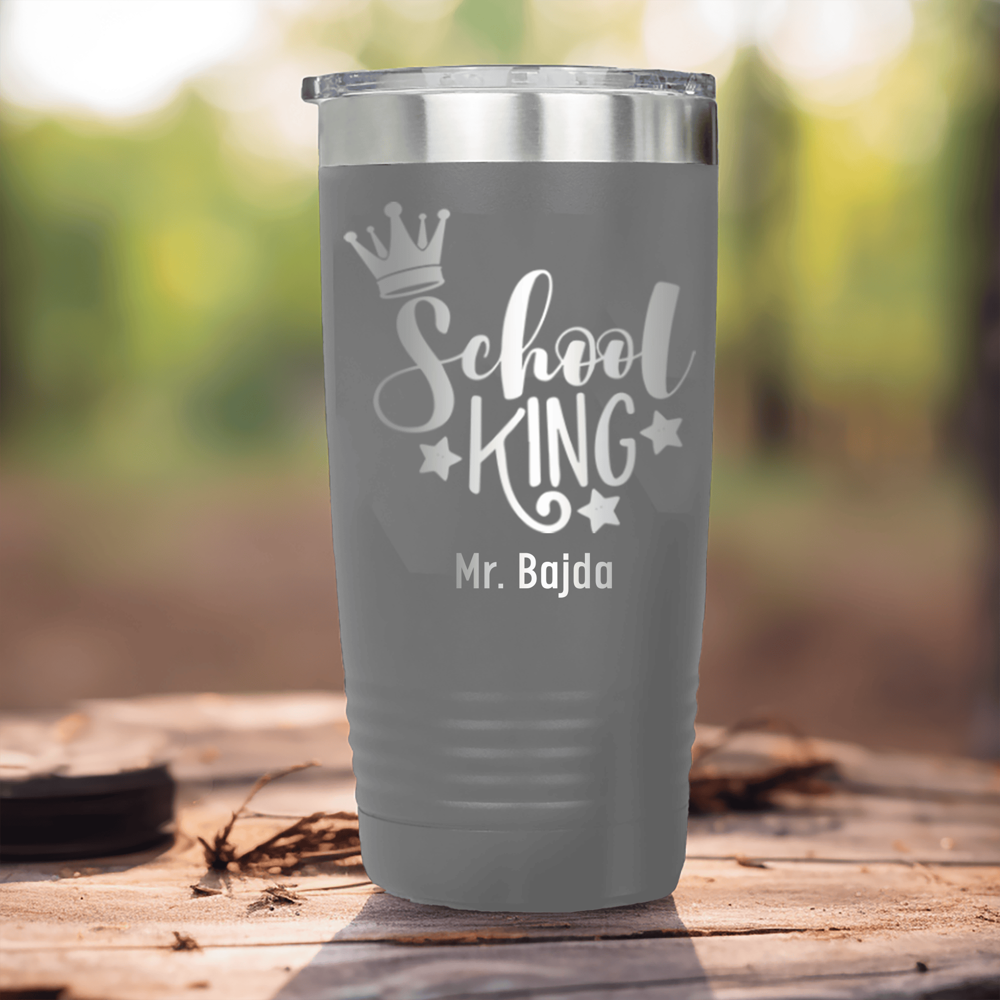 Grey Teacher Tumbler With School King Design