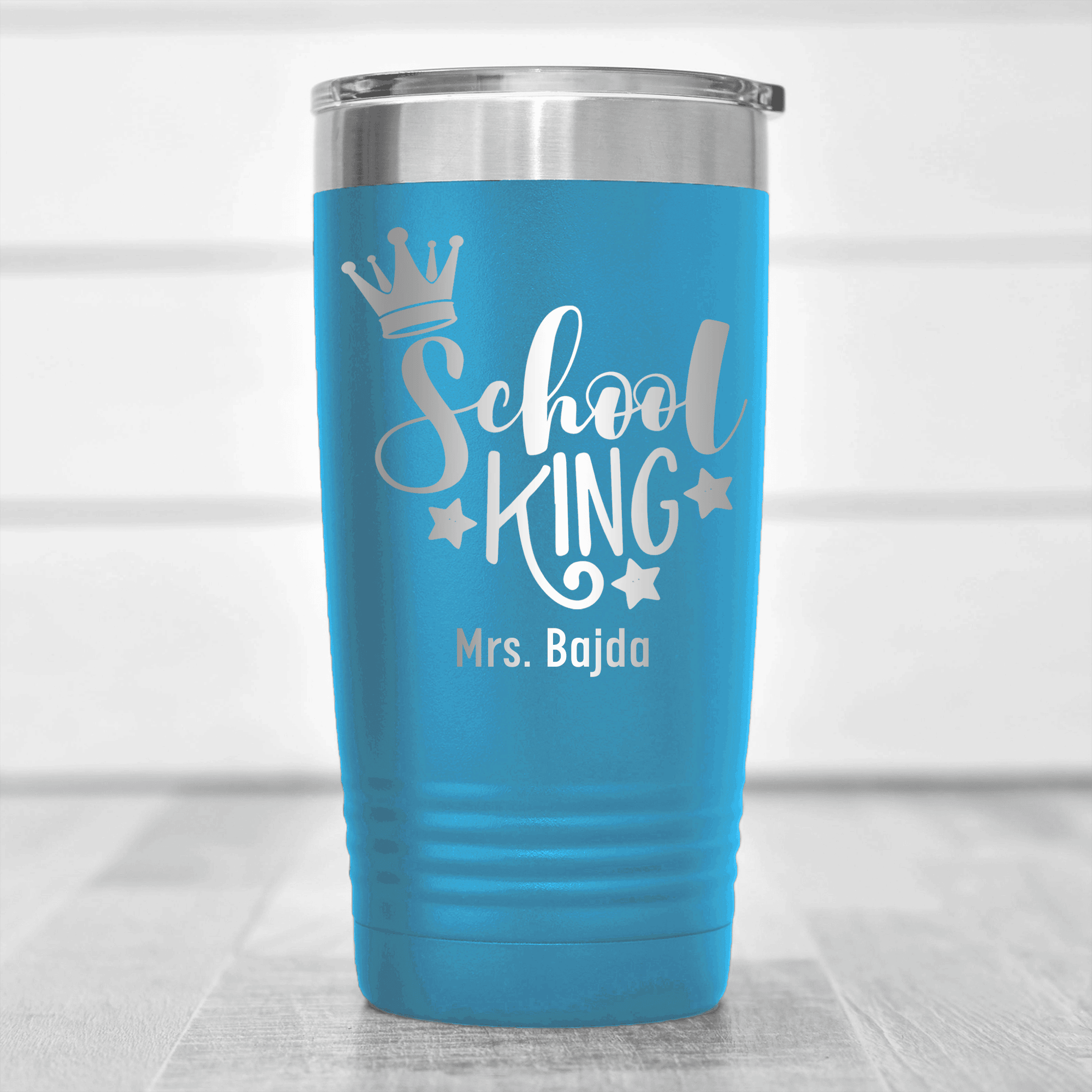 Light Blue Teacher Tumbler With School King Design