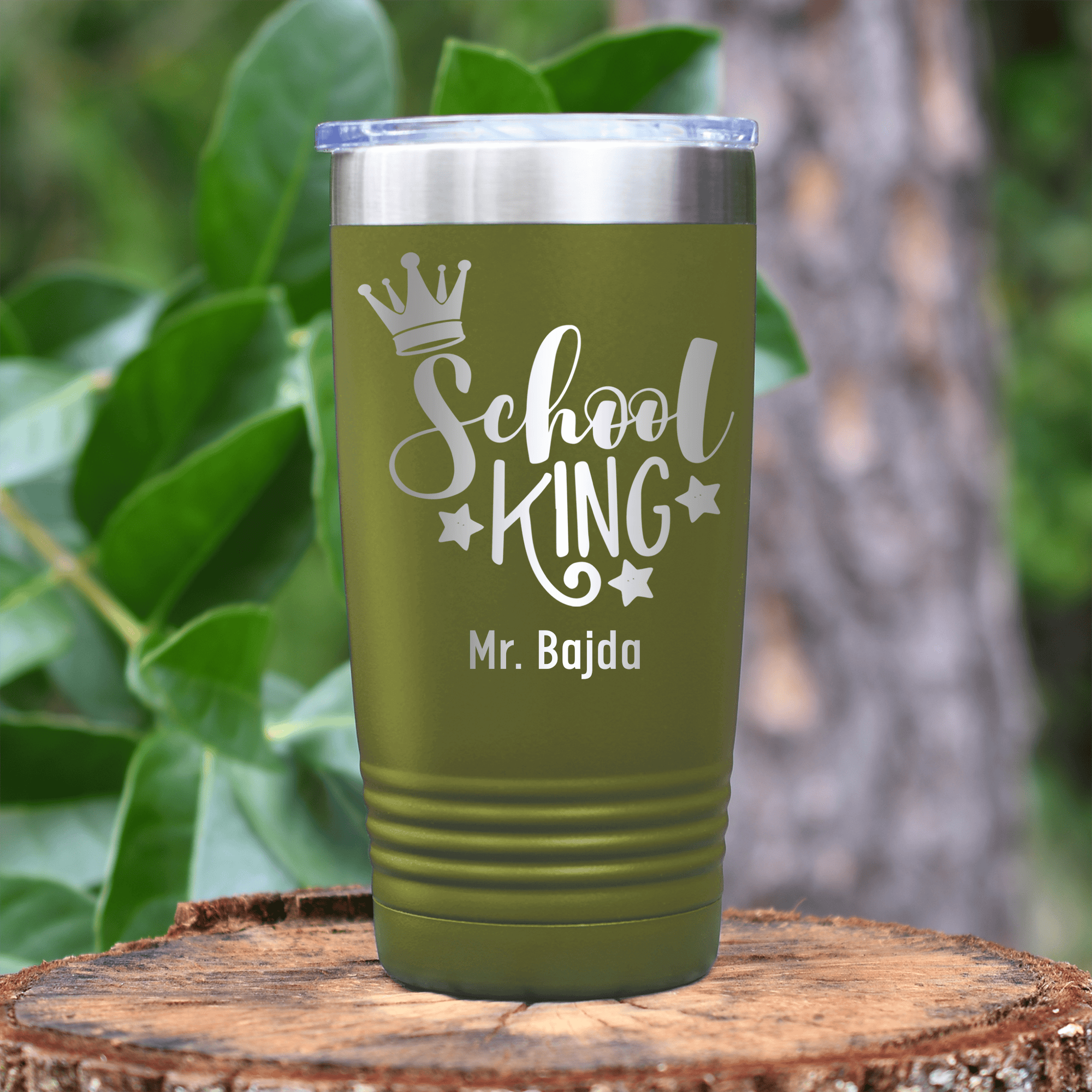 Military Green Teacher Tumbler With School King Design