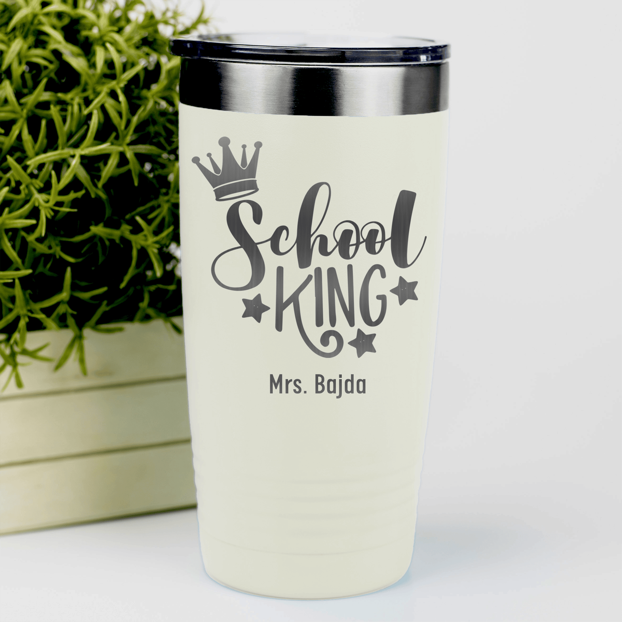 White Teacher Tumbler With School King Design