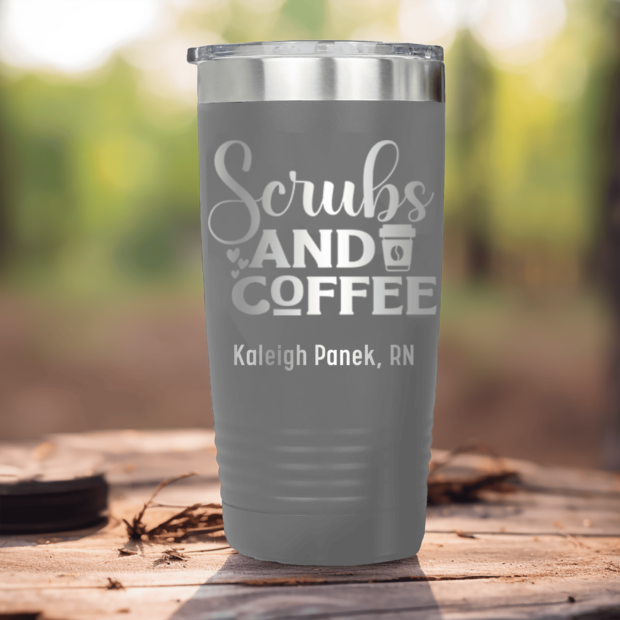 Grey Nurse Tumbler With Scrubs And Coffee Design