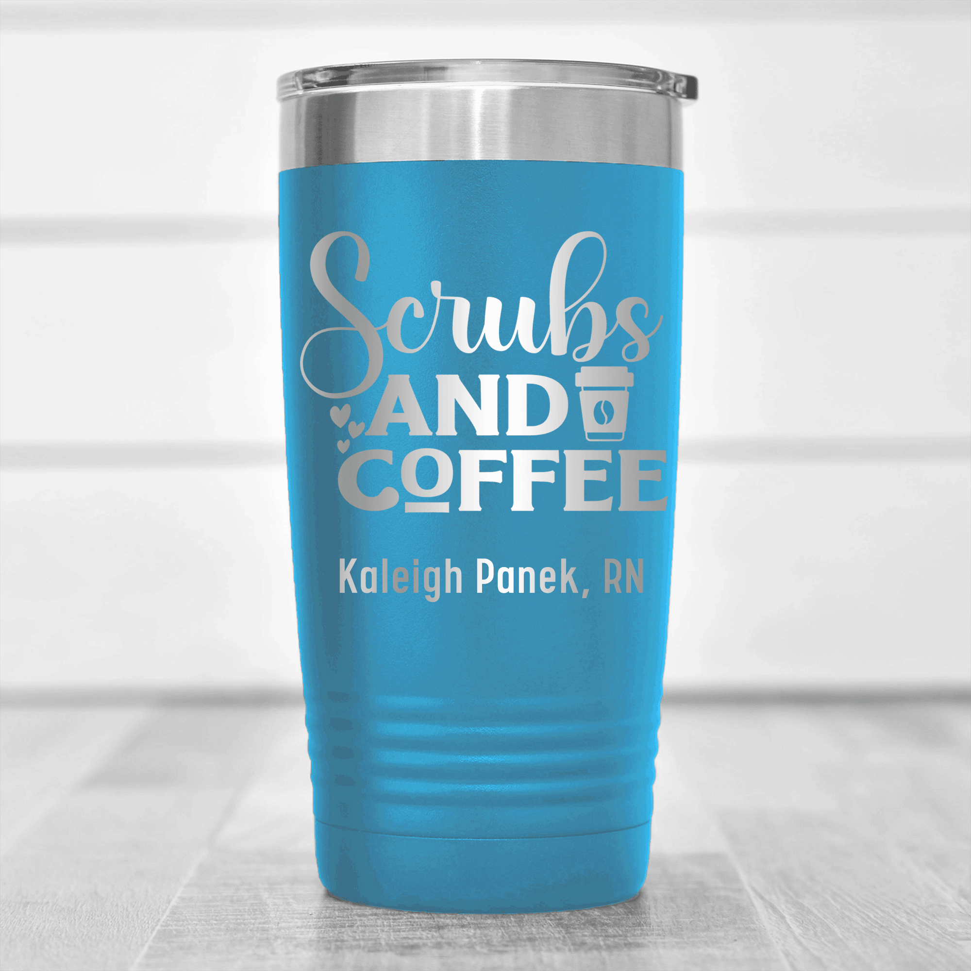 Light Blue Nurse Tumbler With Scrubs And Coffee Design