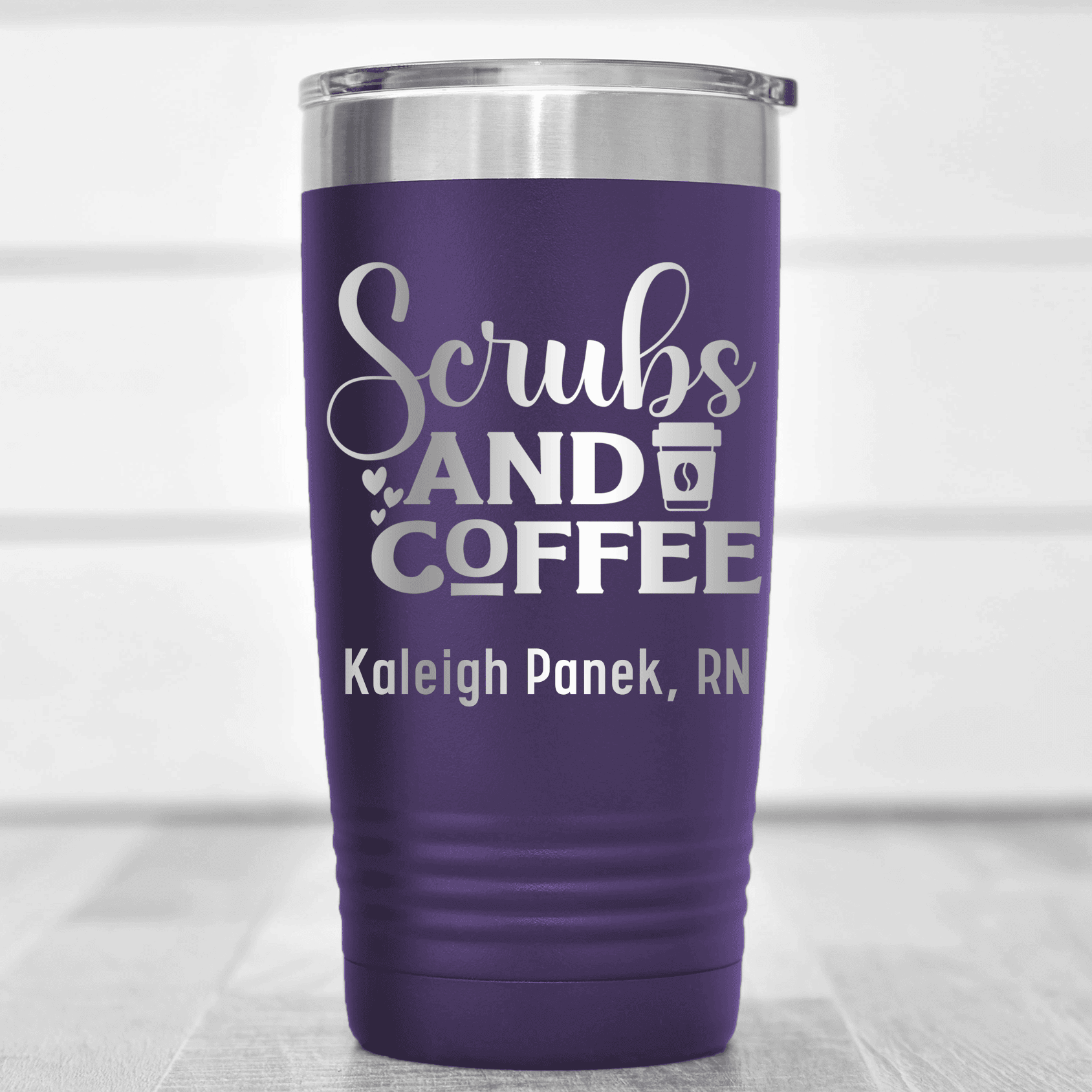 Purple Nurse Tumbler With Scrubs And Coffee Design