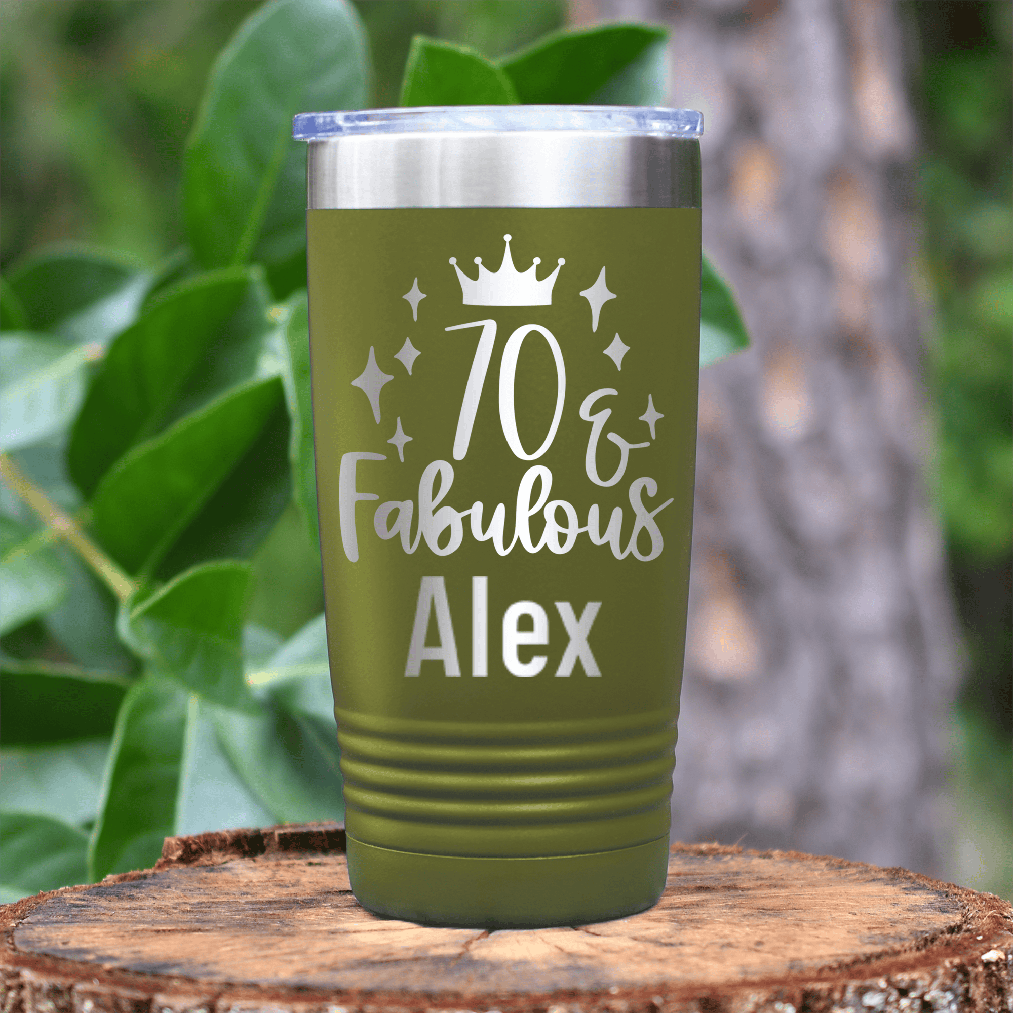 Military Green Birthday Tumbler With Seventy And Fabulous Design