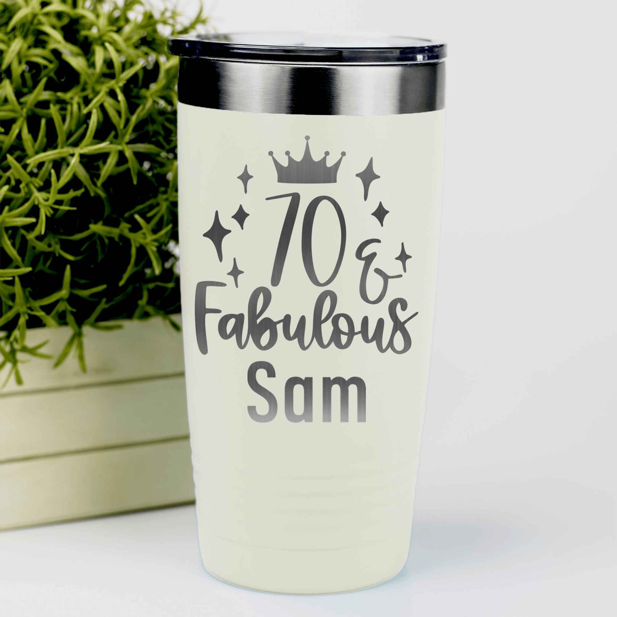 White Birthday Tumbler With Seventy And Fabulous Design