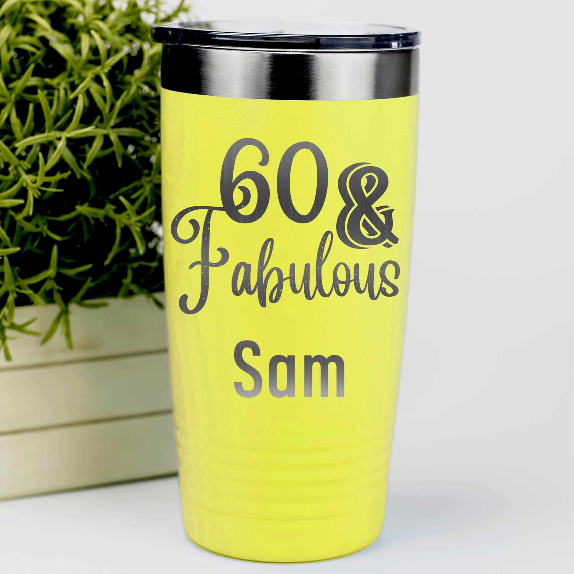 Yellow Birthday Tumbler With Sixty And Fabullous Design