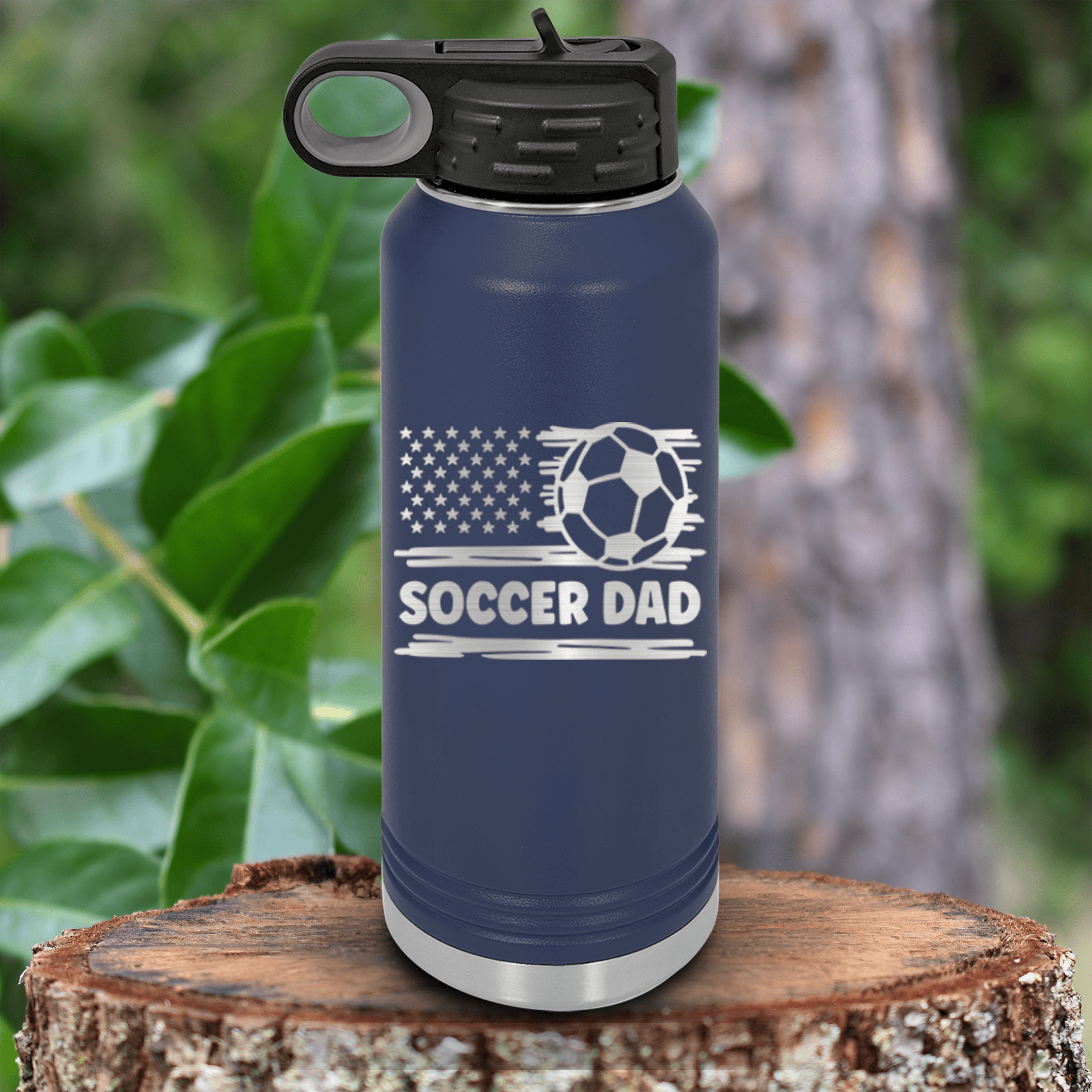 Navy Soccer Water Bottle With Soccer Patriotism Star Spangled Goals Design