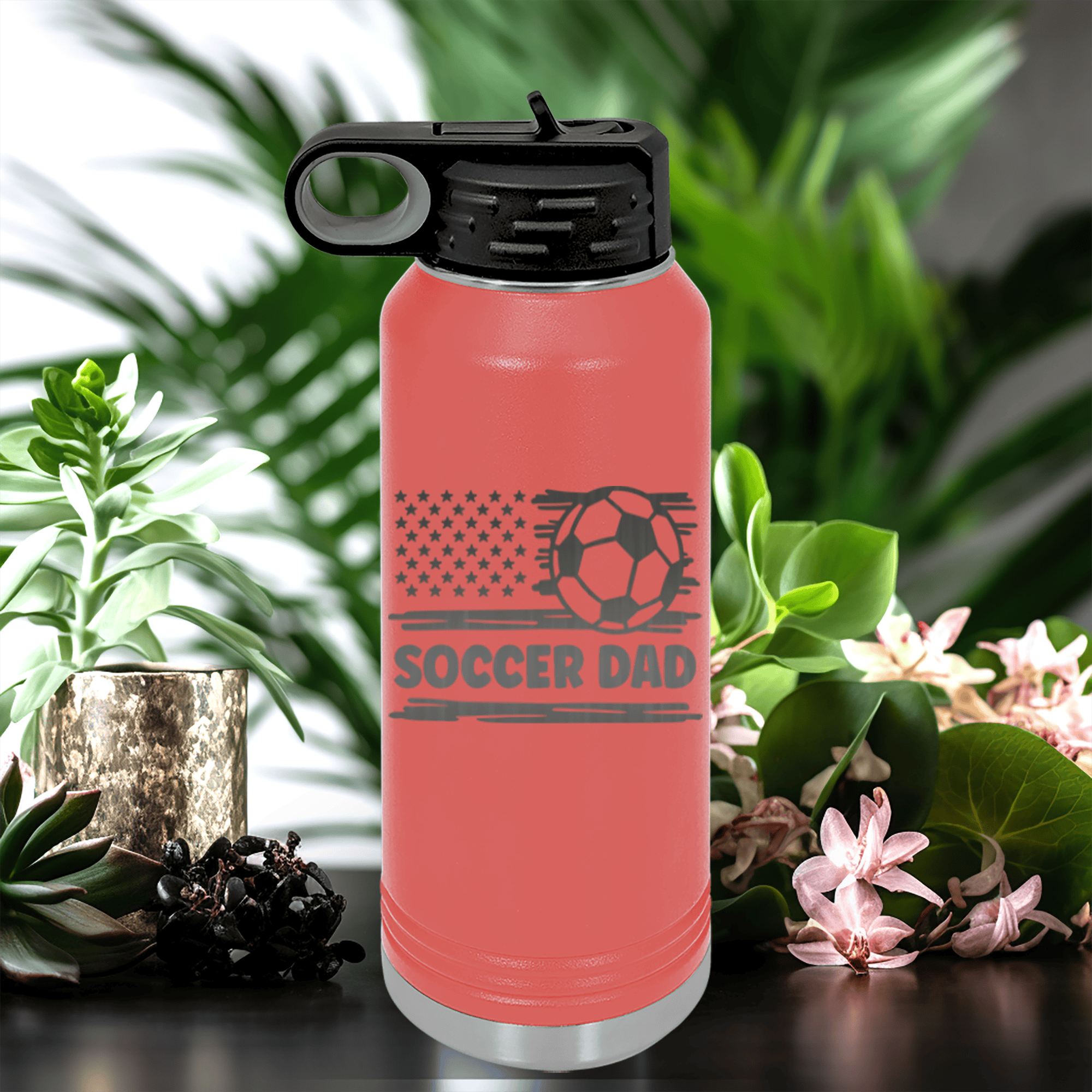 Salmon Soccer Water Bottle With Soccer Patriotism Star Spangled Goals Design