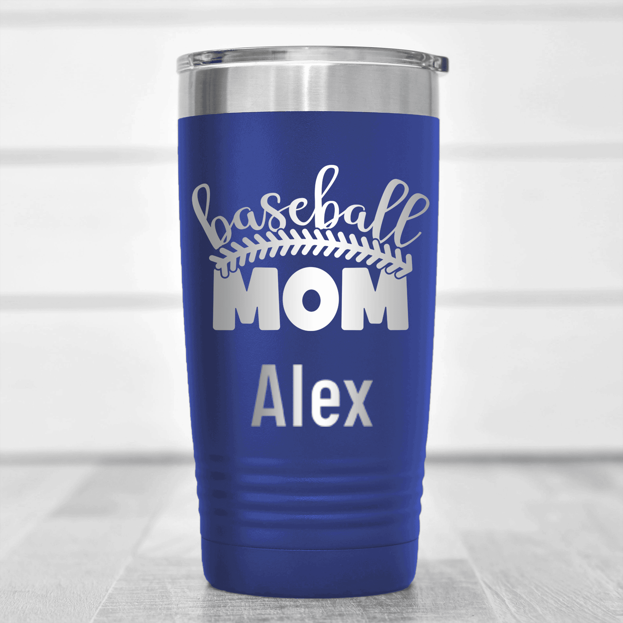 Blue Baseball Mom Tumbler With Stitched Baseball Mom Design