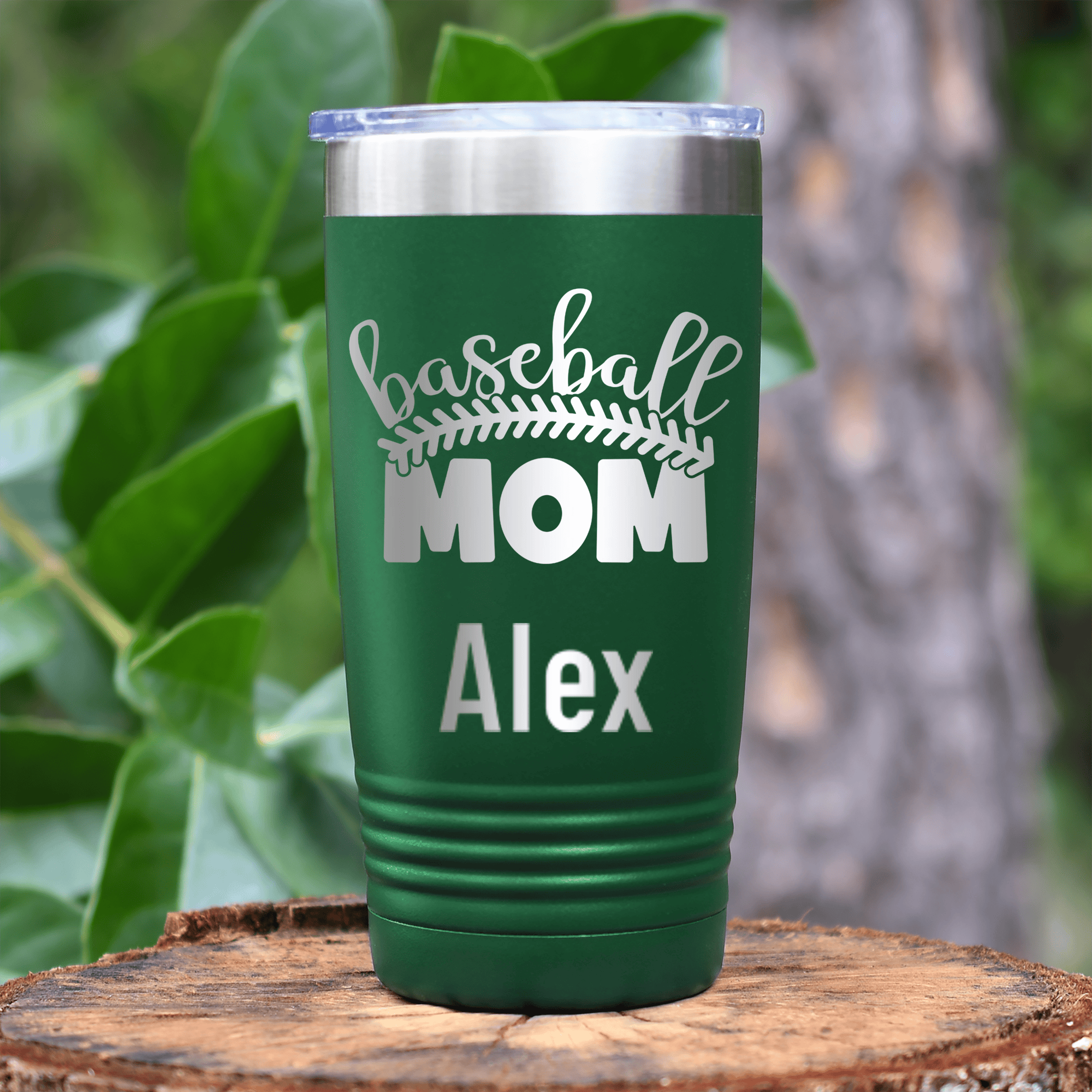 Green Baseball Mom Tumbler With Stitched Baseball Mom Design