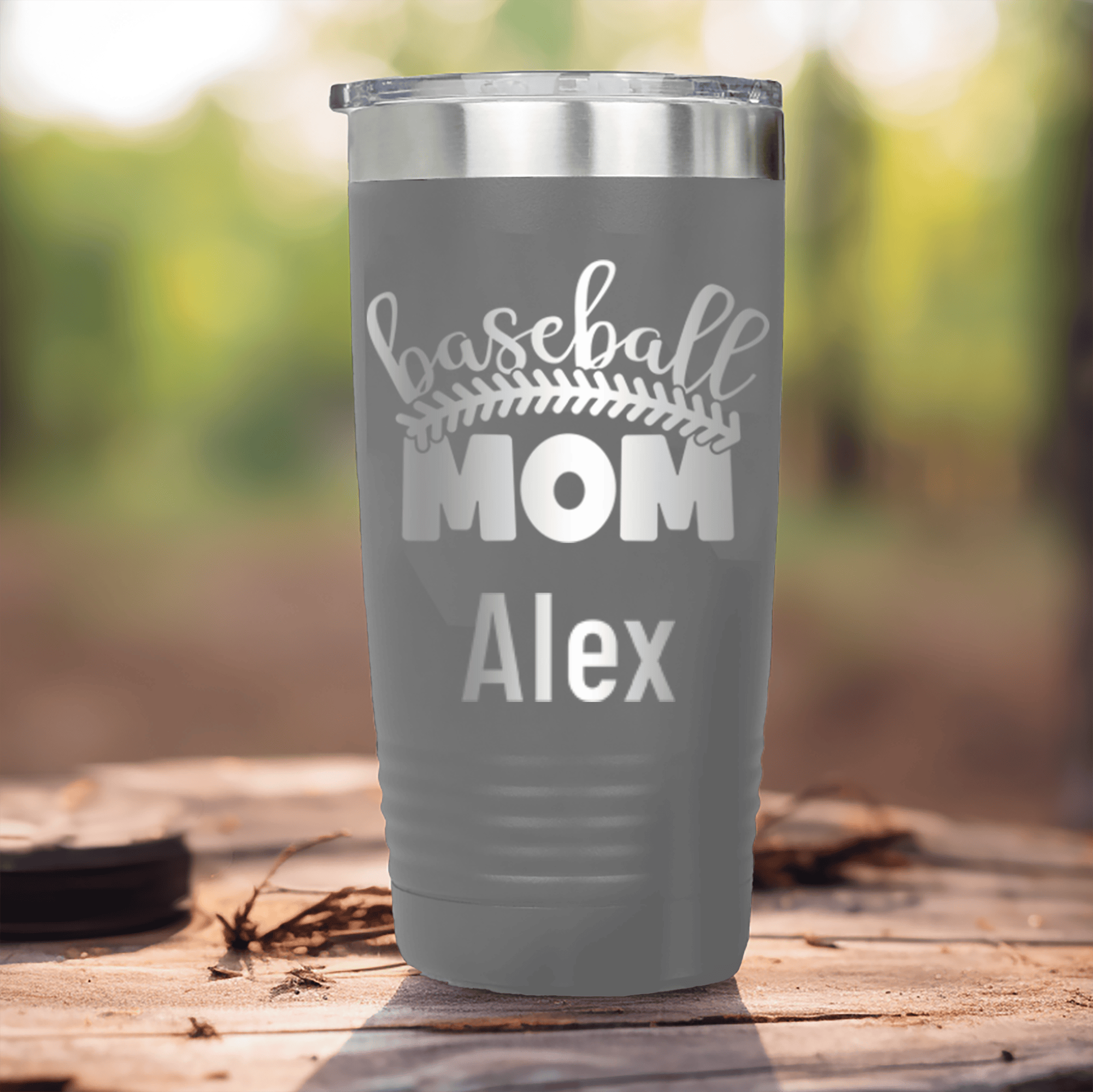 Grey Baseball Mom Tumbler With Stitched Baseball Mom Design