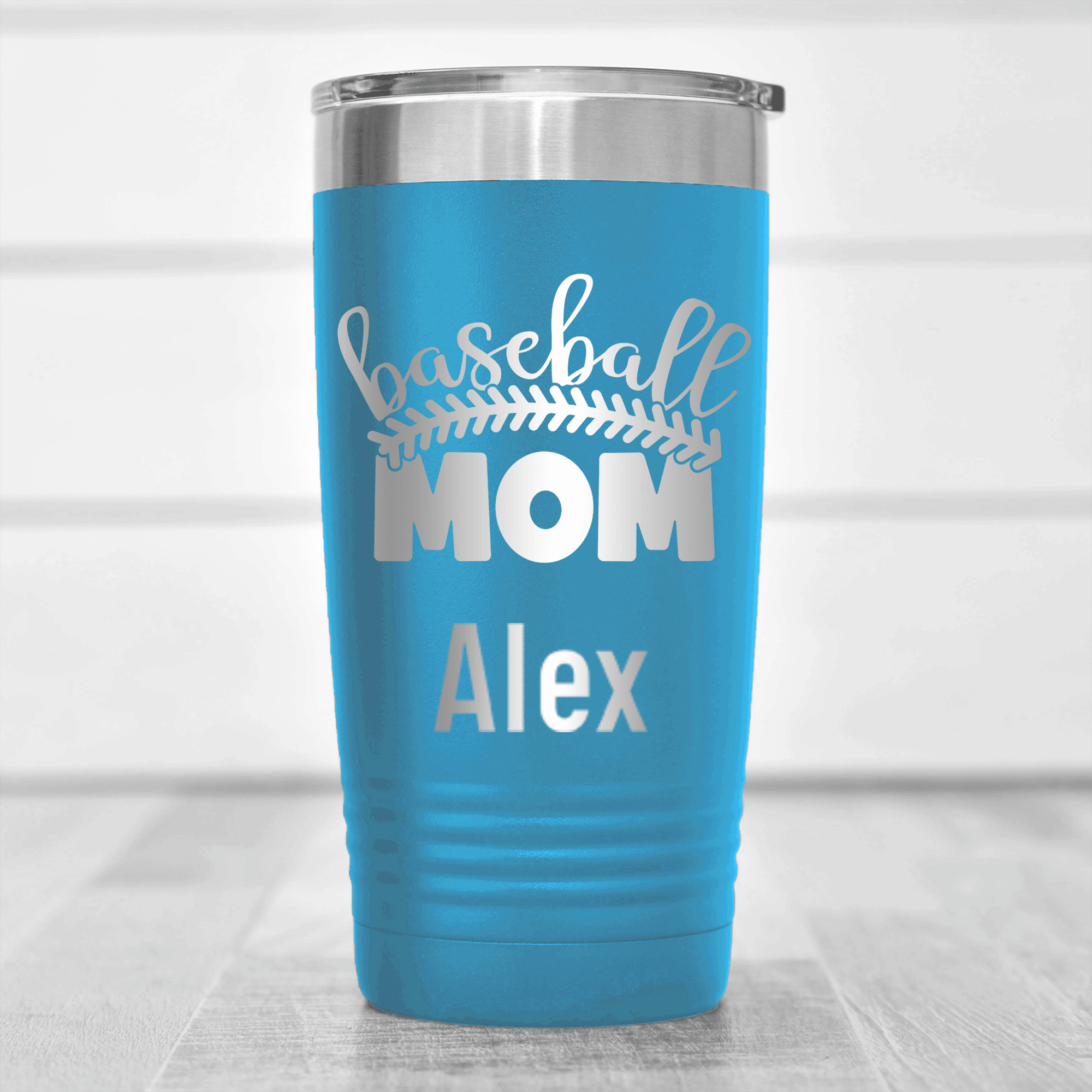 Light Blue Baseball Mom Tumbler With Stitched Baseball Mom Design