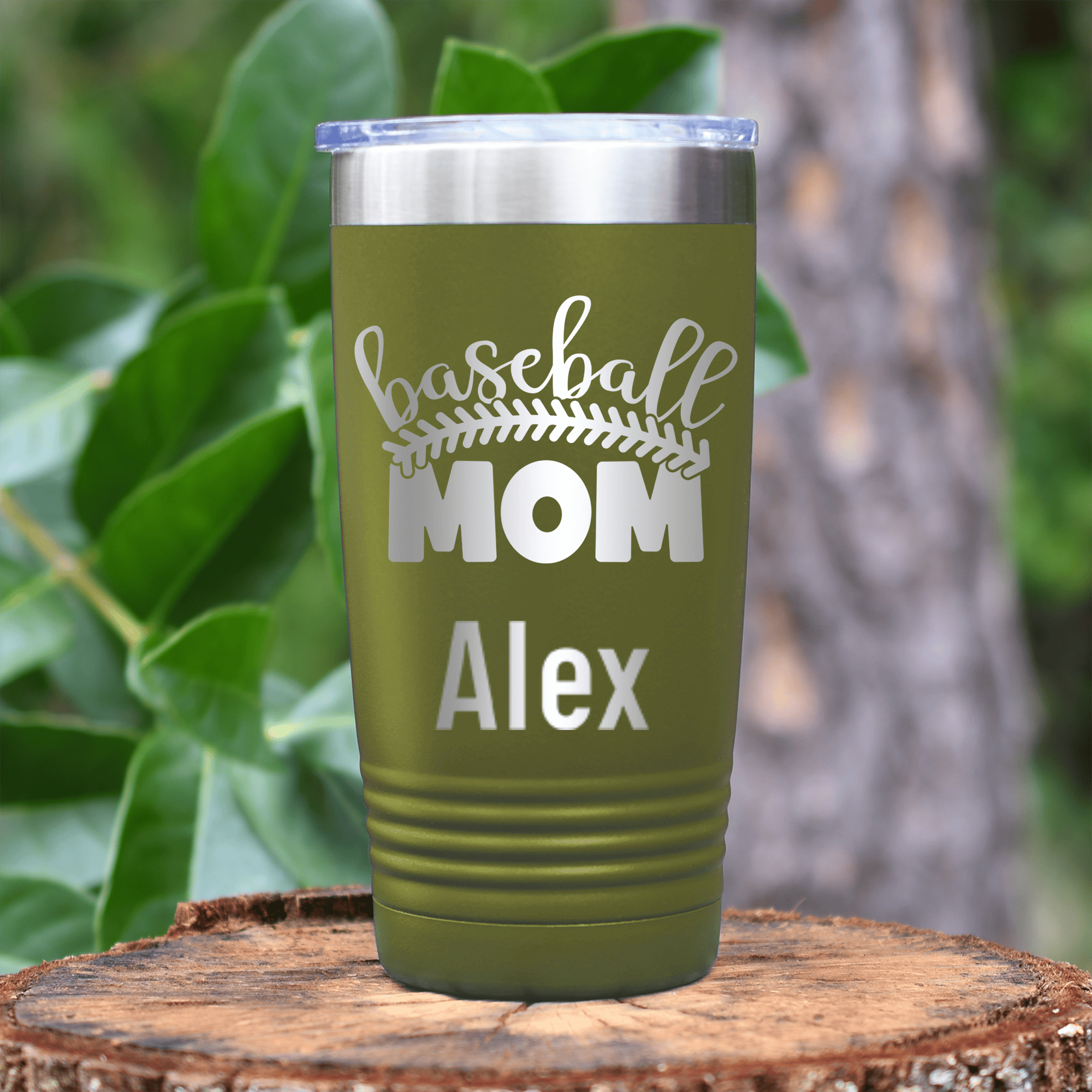 Military Green Baseball Mom Tumbler With Stitched Baseball Mom Design