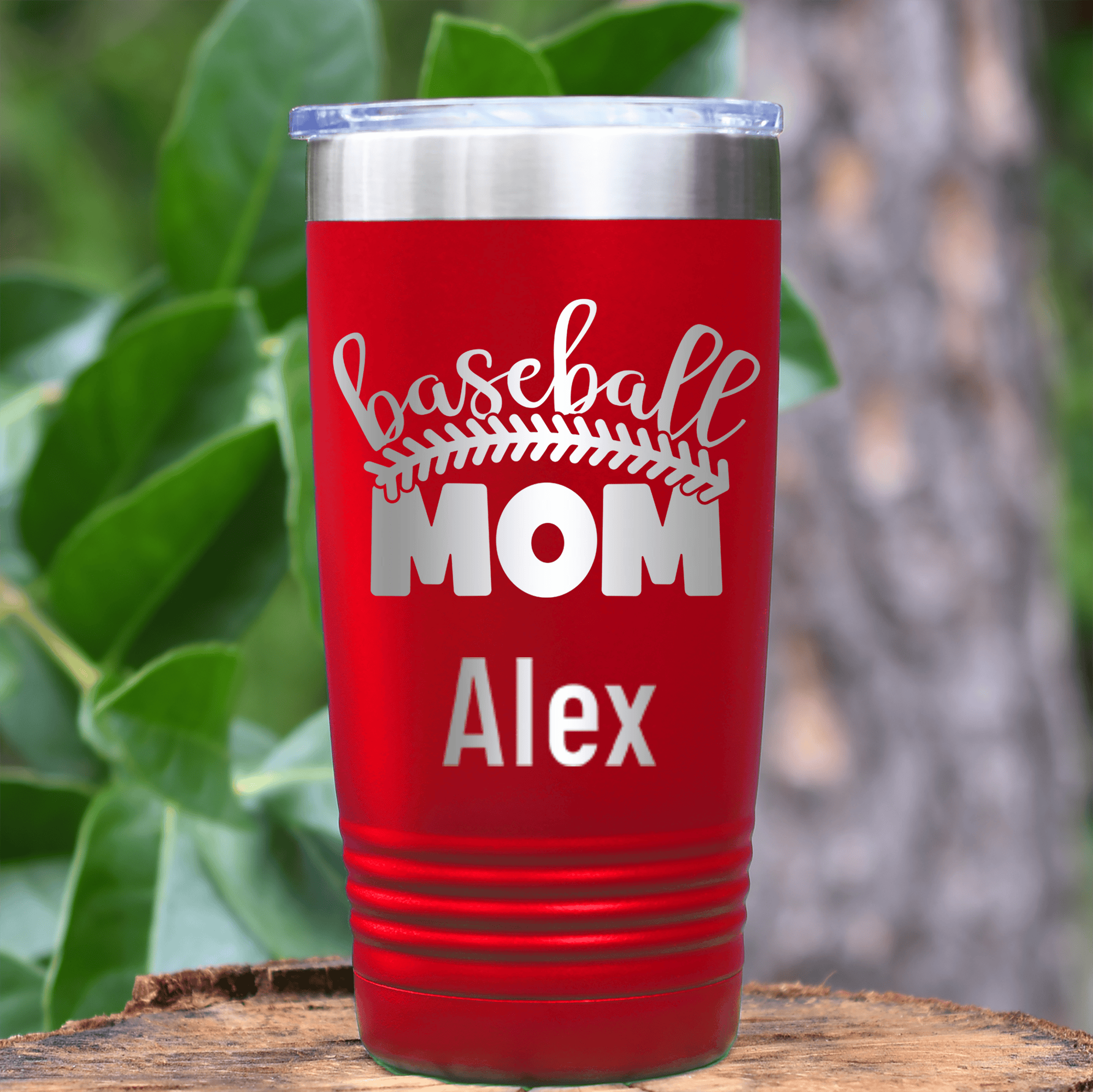 Red Baseball Mom Tumbler With Stitched Baseball Mom Design