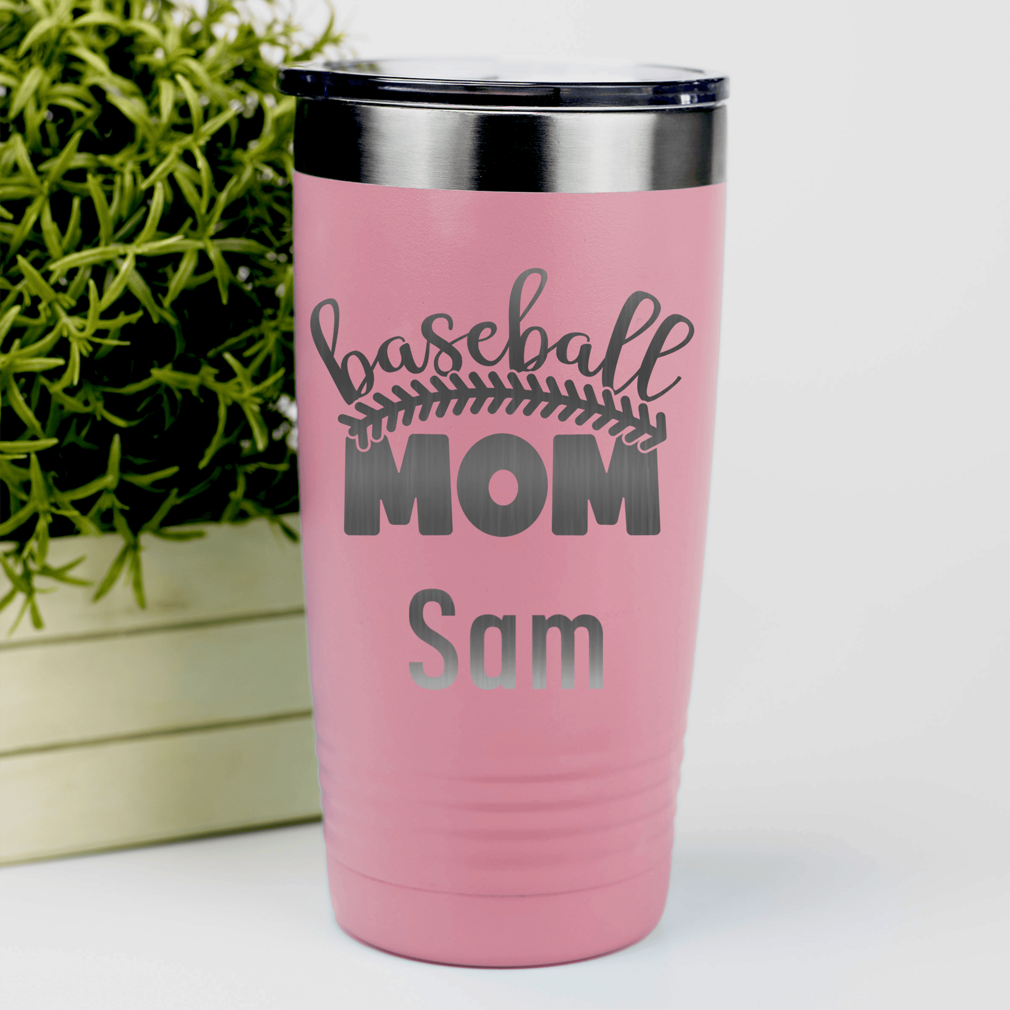 Salmon Baseball Mom Tumbler With Stitched Baseball Mom Design