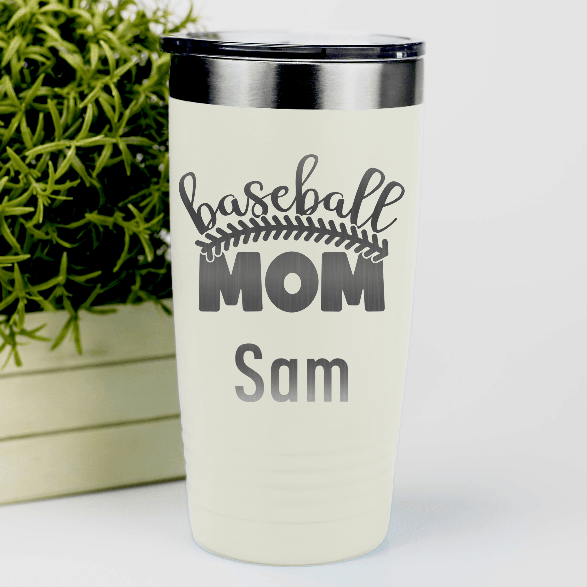 White Baseball Mom Tumbler With Stitched Baseball Mom Design