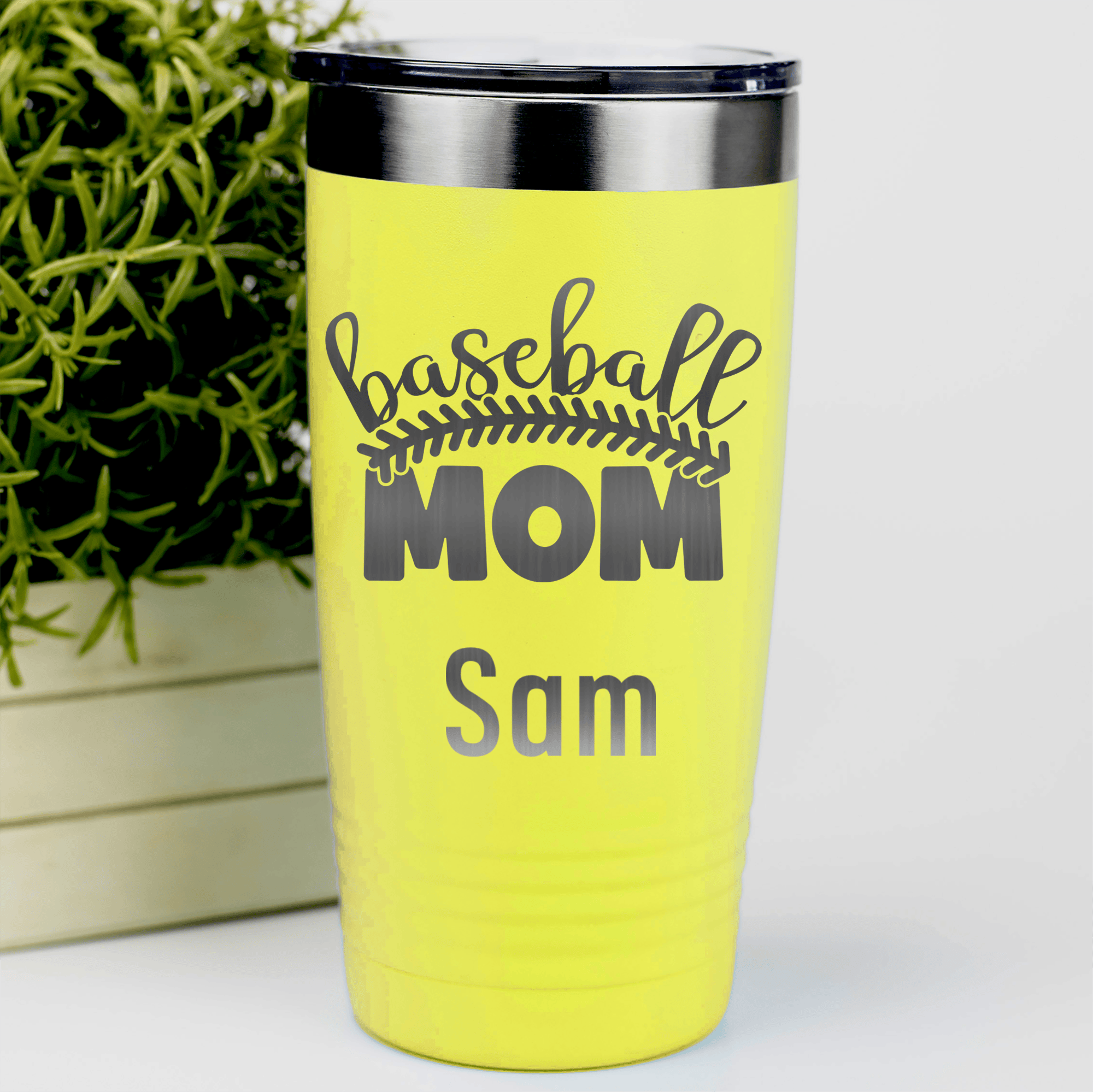 Yellow Baseball Mom Tumbler With Stitched Baseball Mom Design