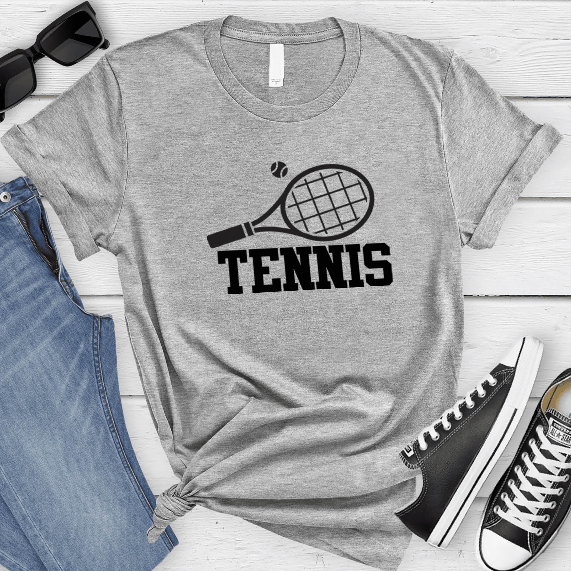 Womens Grey T Shirt with Straight-Ballin-Tennis design