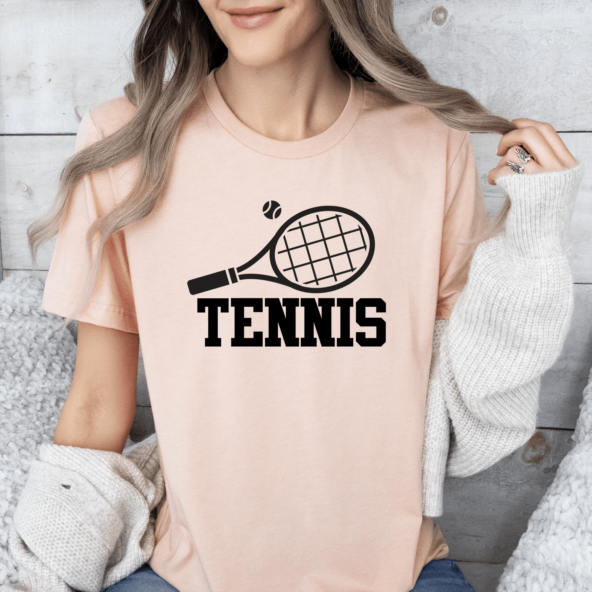 Womens Heather Peach T Shirt with Straight-Ballin-Tennis design