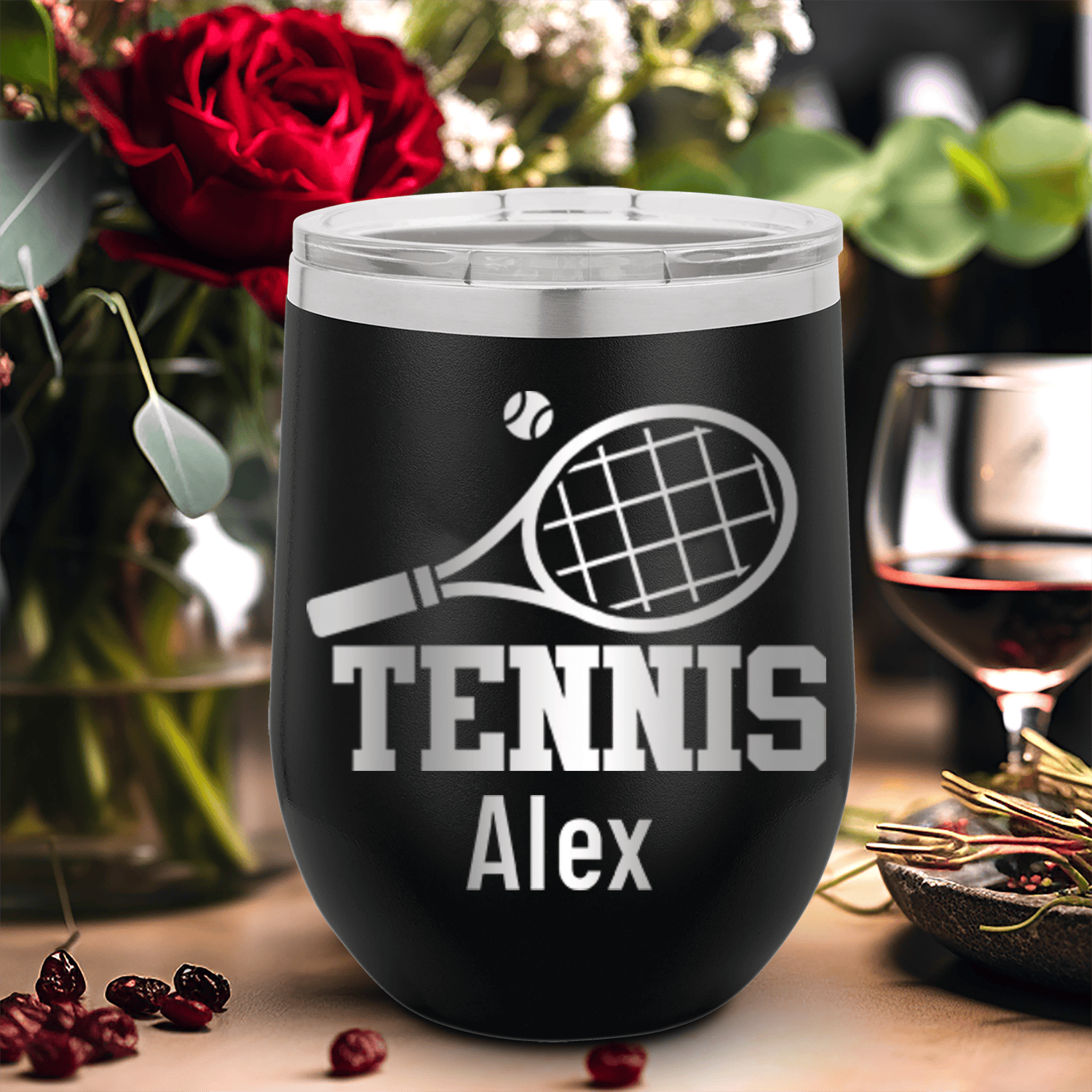 Black Tennis For Her Wine Tumbler With Straight Ballin Tennis Design