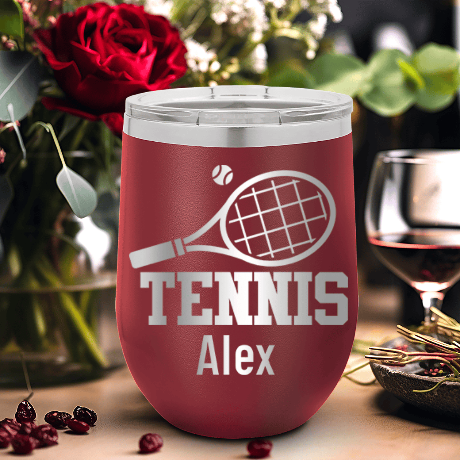 Maroon Tennis For Her Wine Tumbler With Straight Ballin Tennis Design