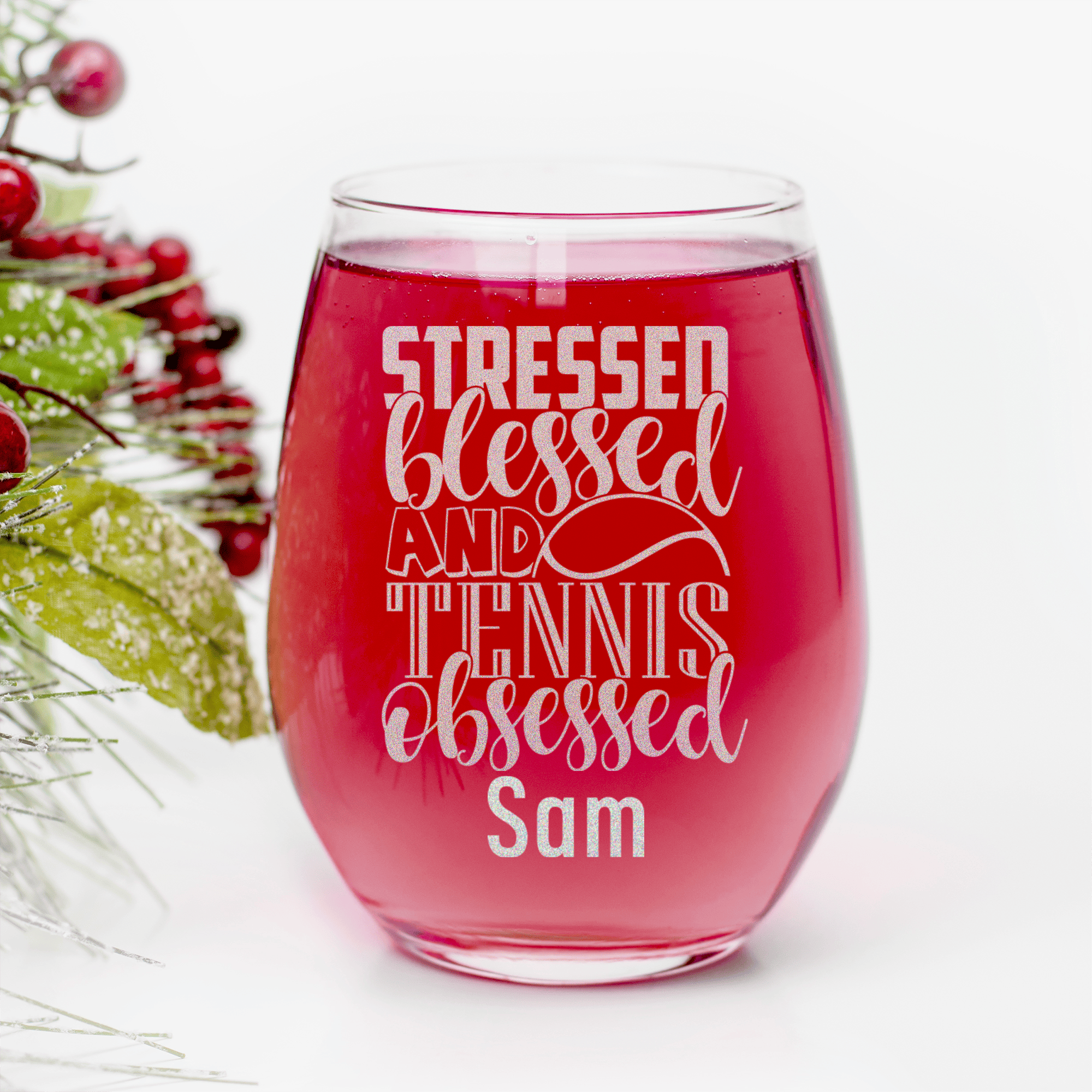 Stressed Blessed Tennis Stemless Wine Glass