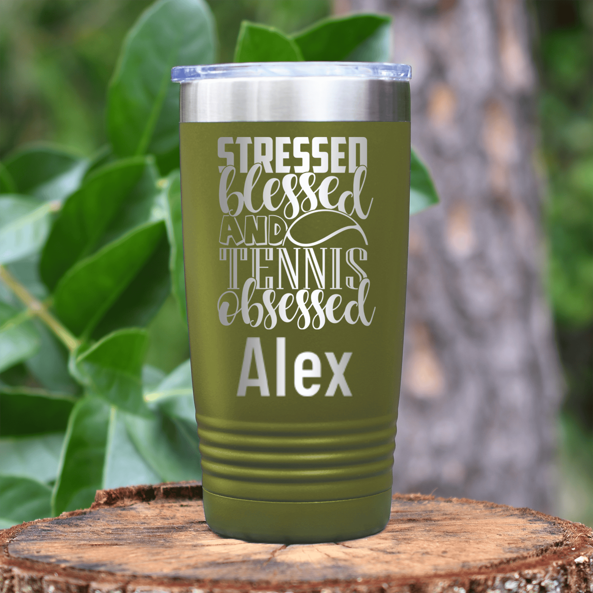 Military Green Tennis For Her Tumbler With Stressed Blessed Tennis Design