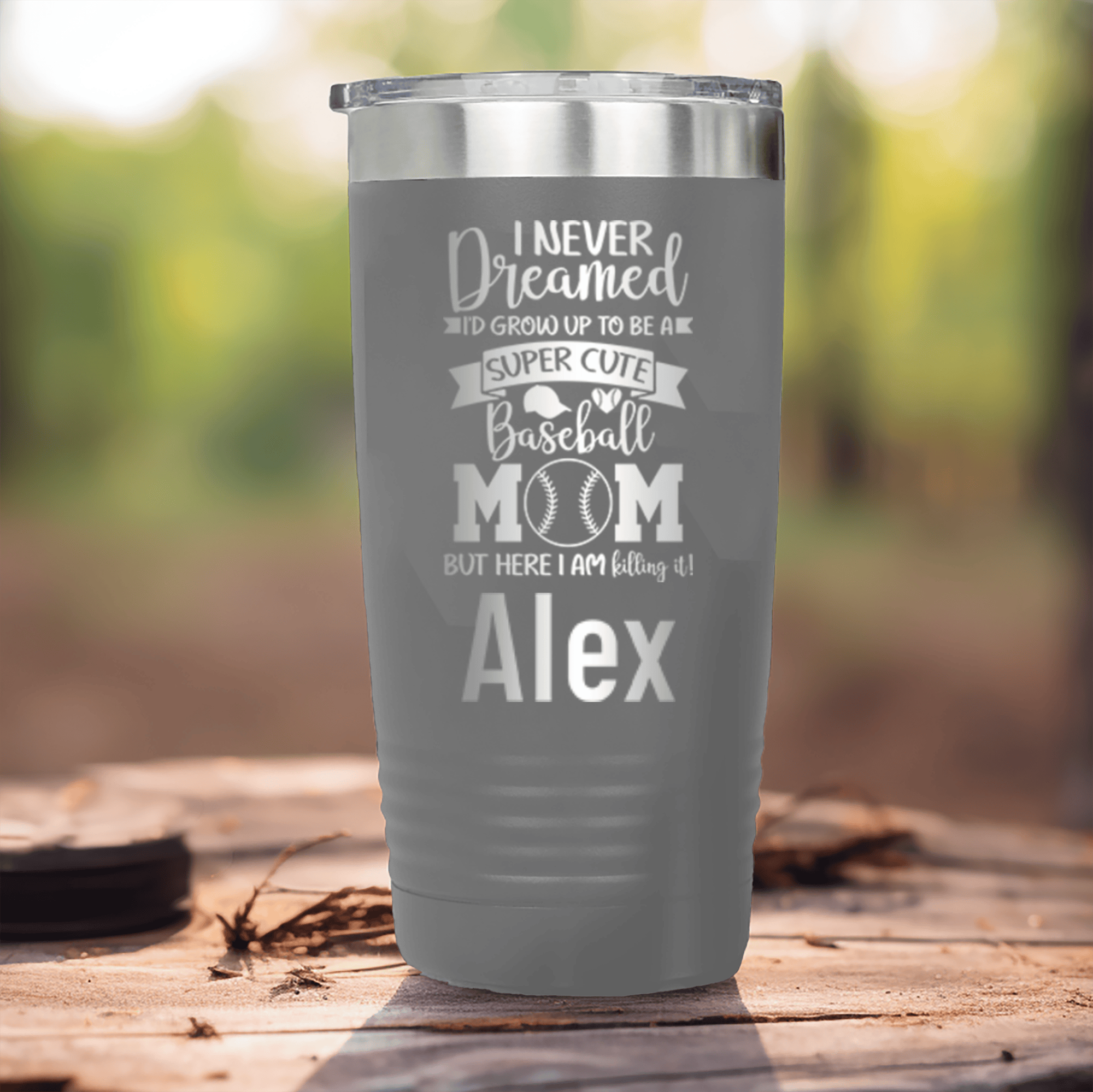 Grey Baseball Mom Tumbler With Super Cute Baseball Mom Design