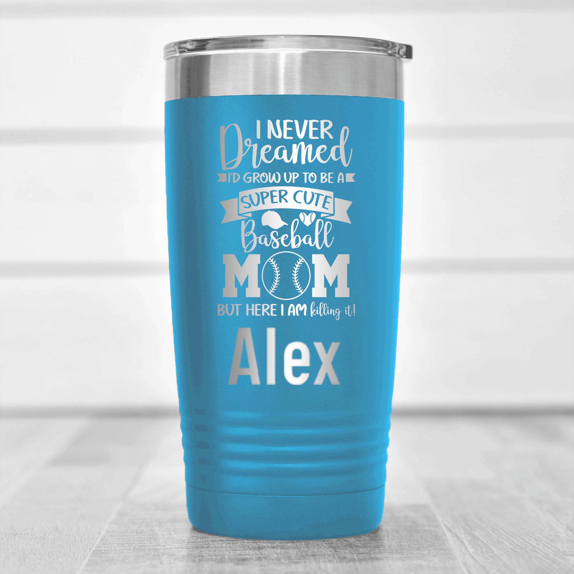 Light Blue Baseball Mom Tumbler With Super Cute Baseball Mom Design