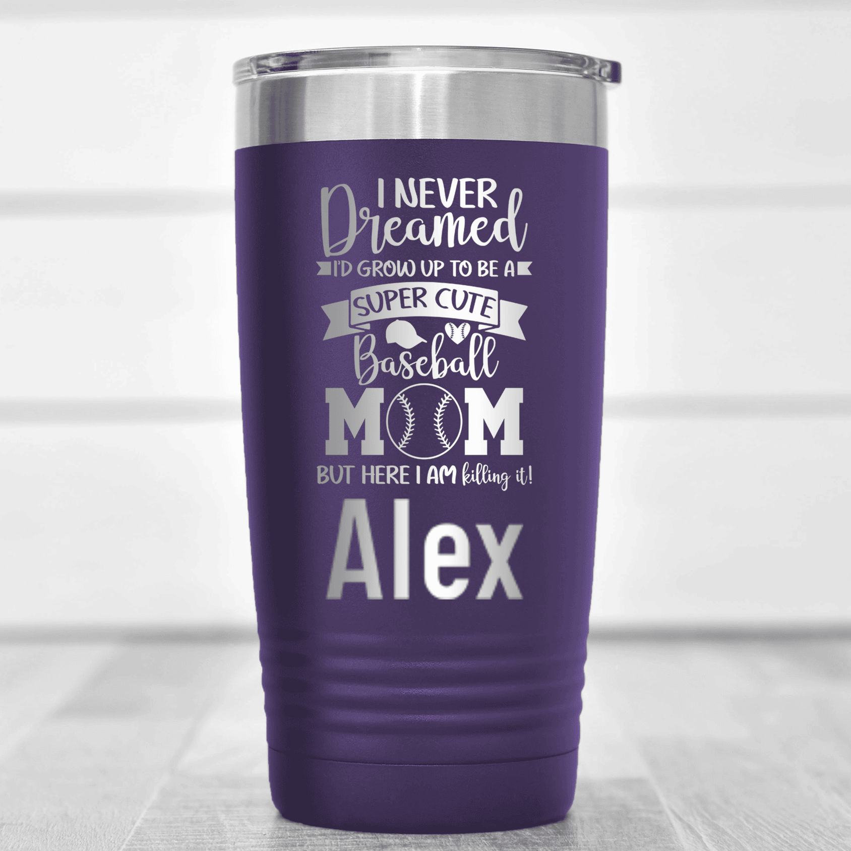 Purple Baseball Mom Tumbler With Super Cute Baseball Mom Design