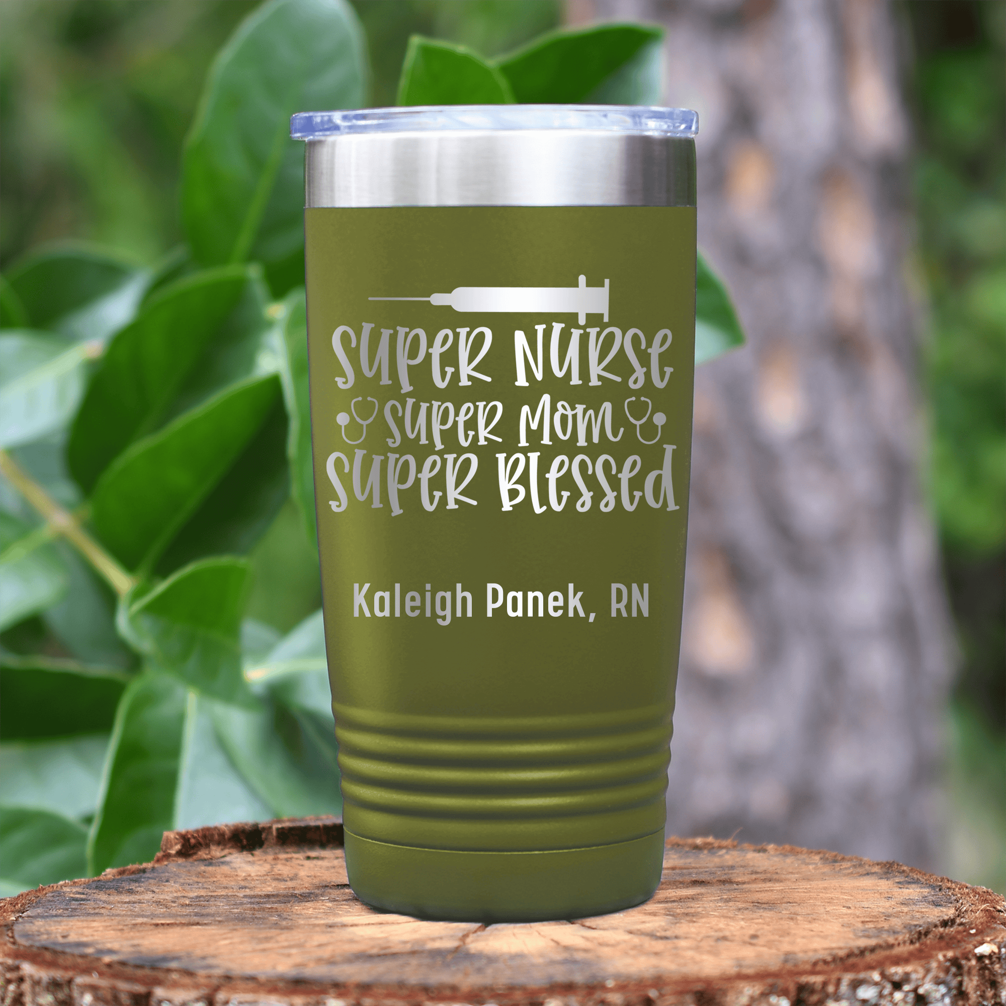 Military Green Nurse Tumbler With Super Nurse Super Blessed Design
