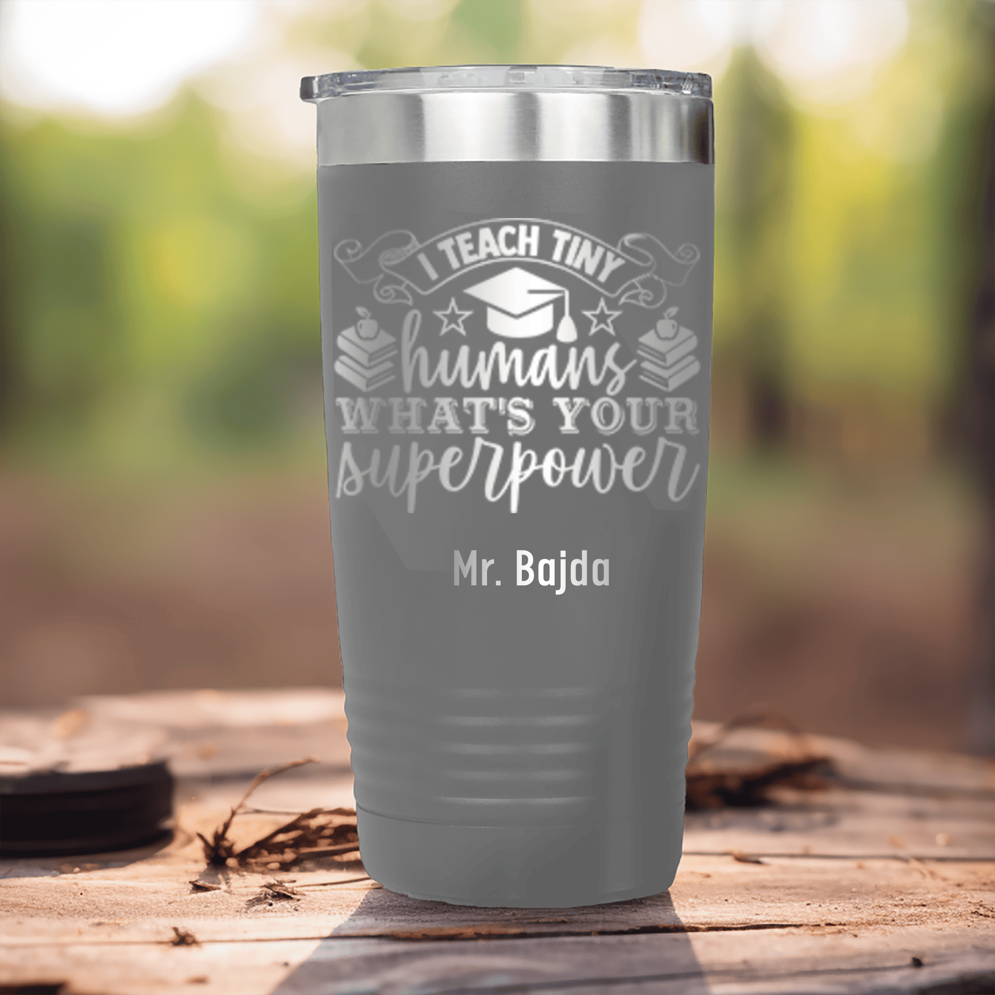 Grey Teacher Tumbler With Superpower Design