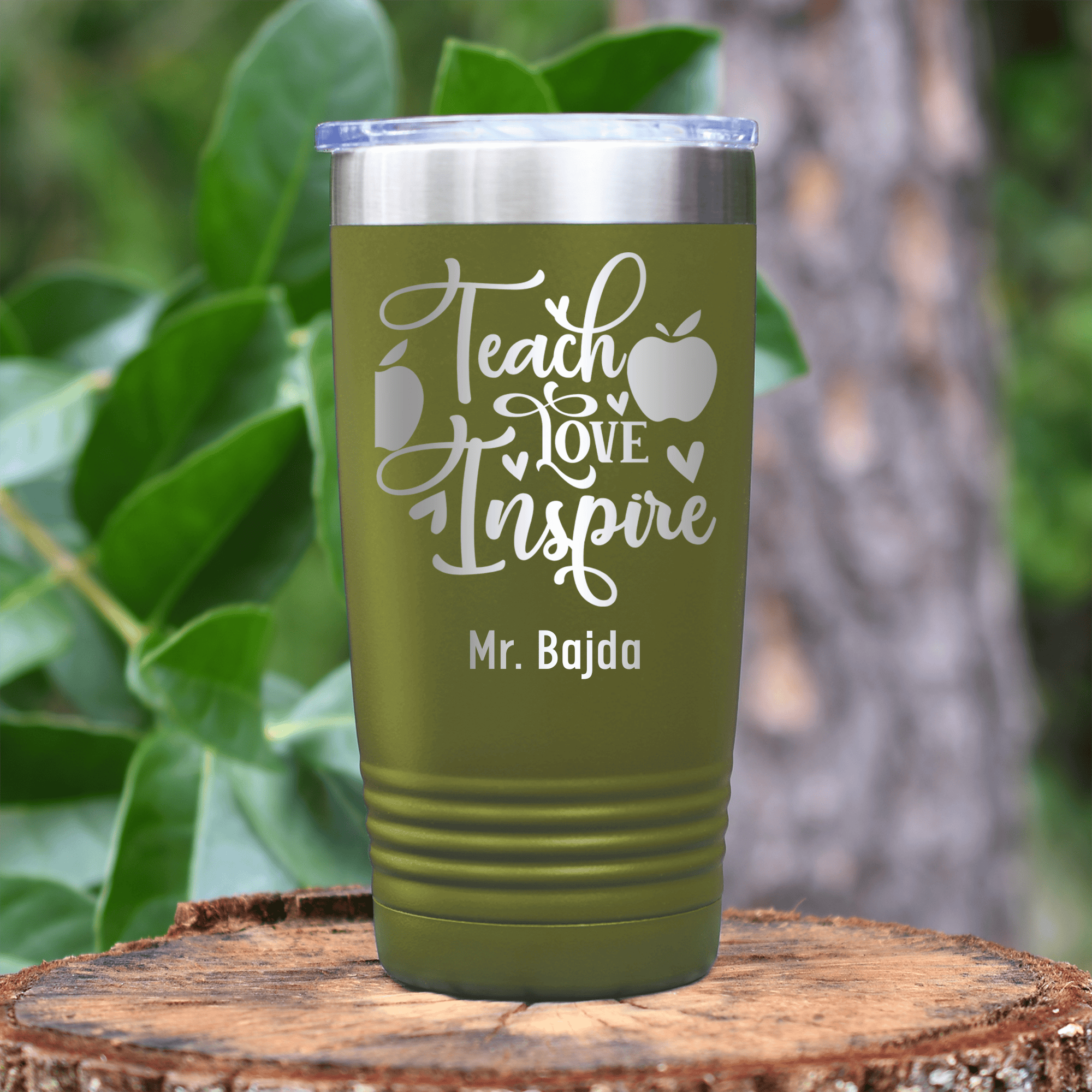 Military Green Teacher Tumbler With Teaching Love Inspire Design