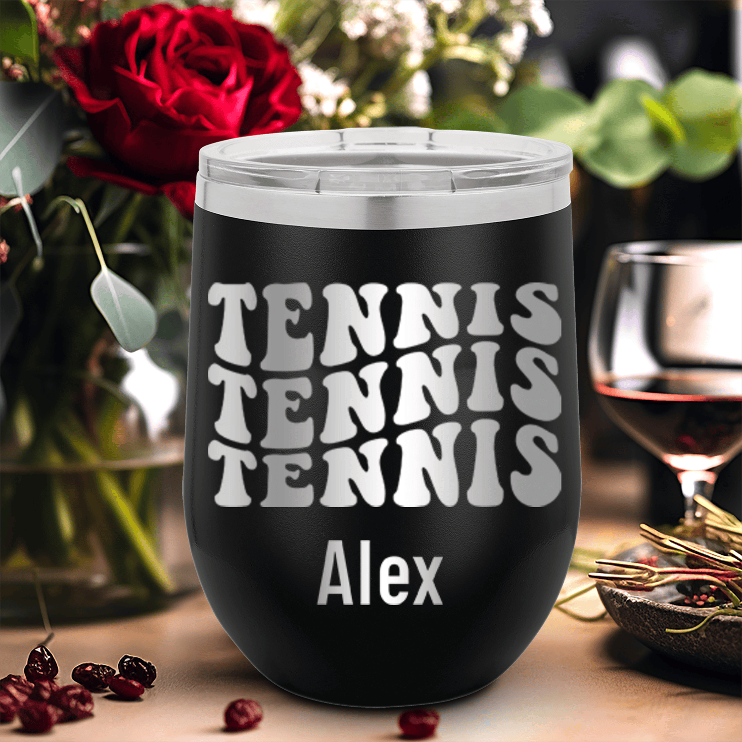 Black Tennis For Her Wine Tumbler With Tennis All Day Design