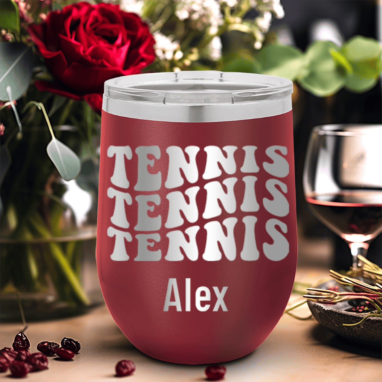 Maroon Tennis For Her Wine Tumbler With Tennis All Day Design