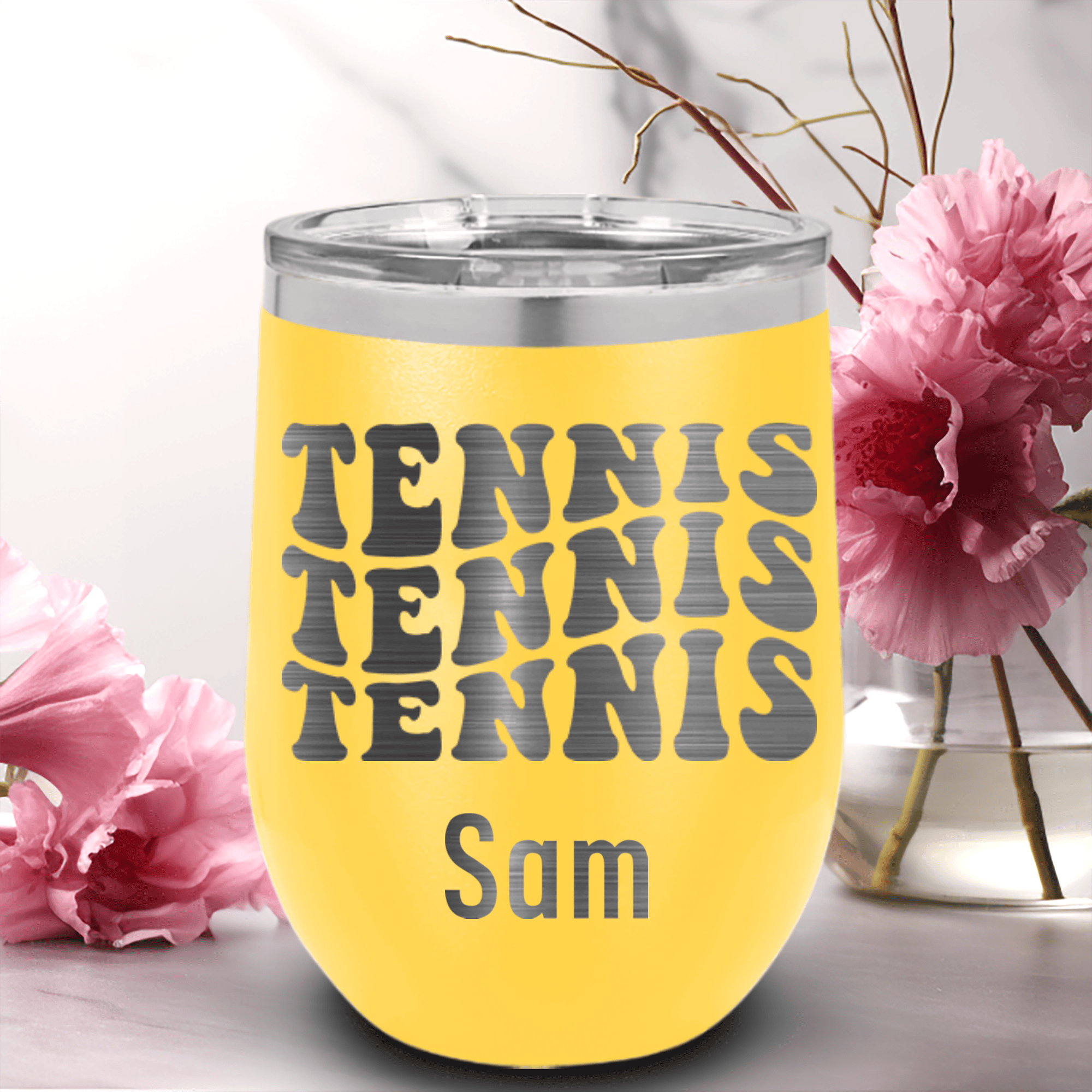 Yellow Tennis For Her Wine Tumbler With Tennis All Day Design