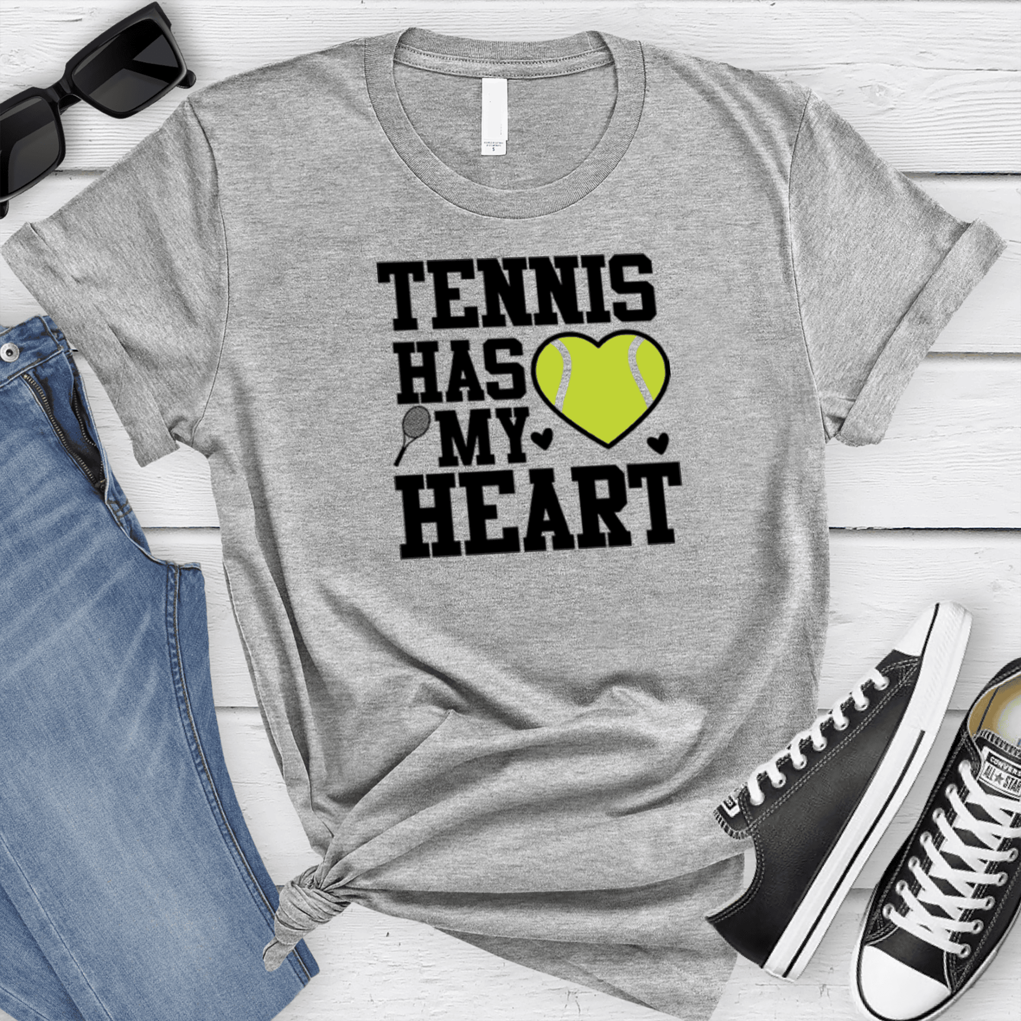 Womens Grey T Shirt with Tennis-Has-My-Heart design