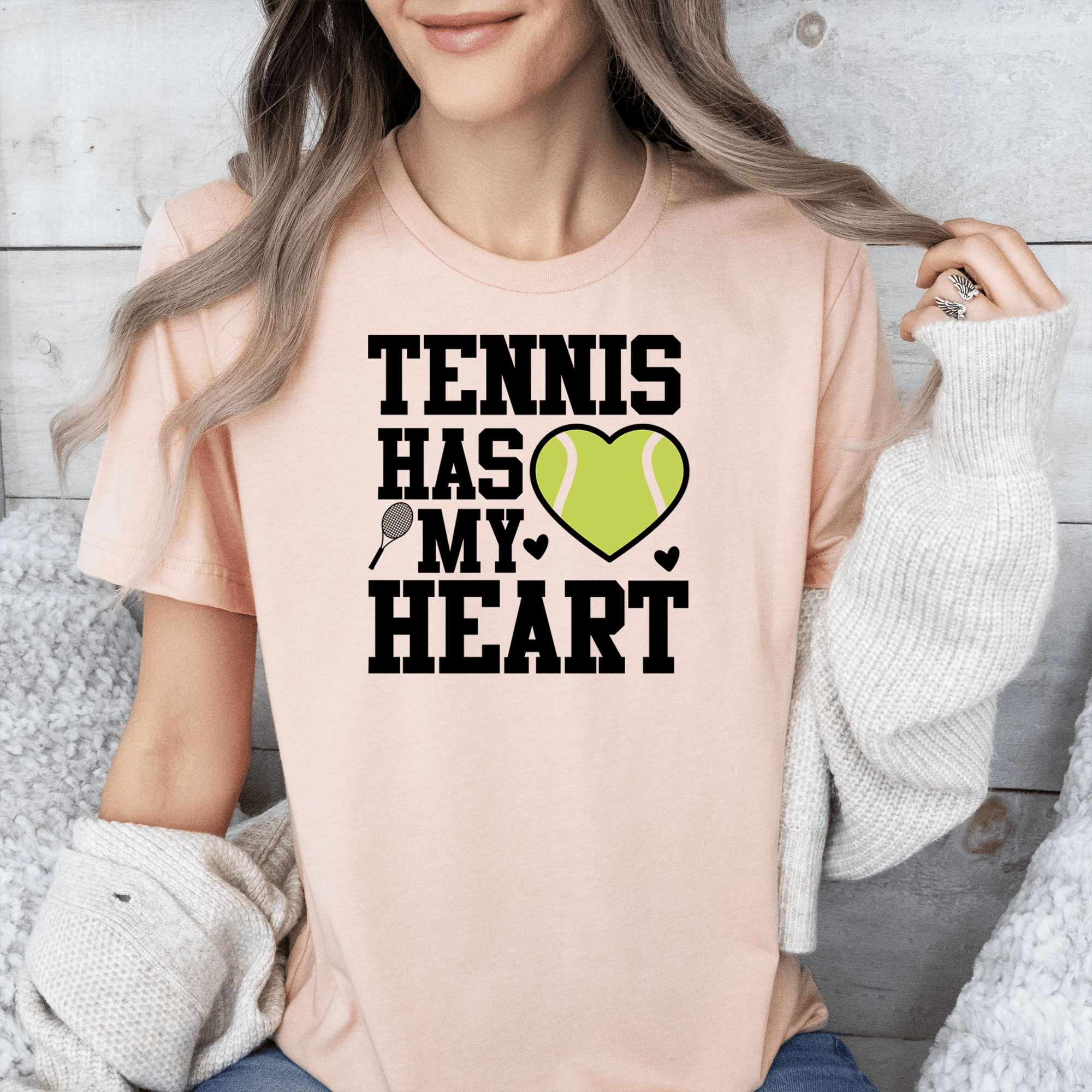 Womens Heather Peach T Shirt with Tennis-Has-My-Heart design