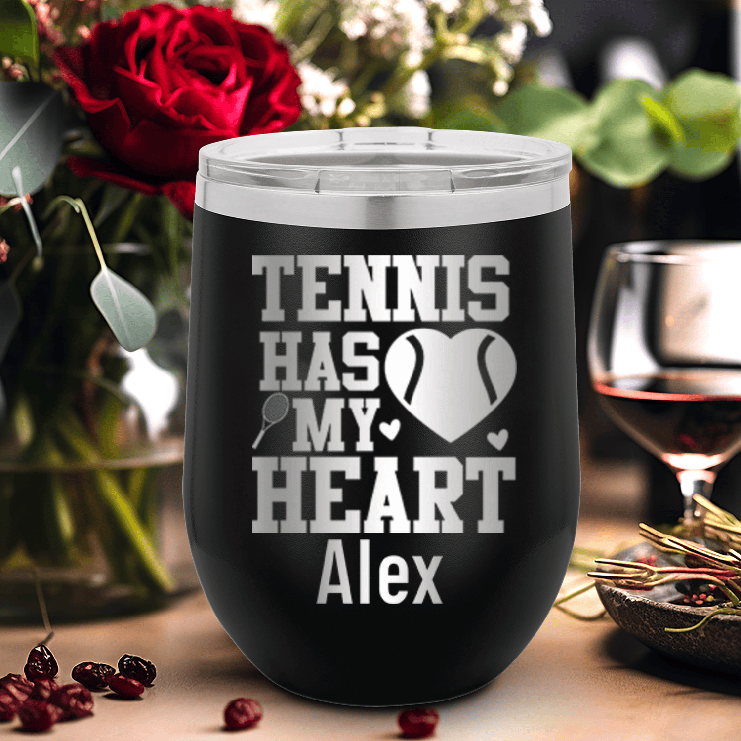 Black Tennis For Her Wine Tumbler With Tennis Has My Heart Design